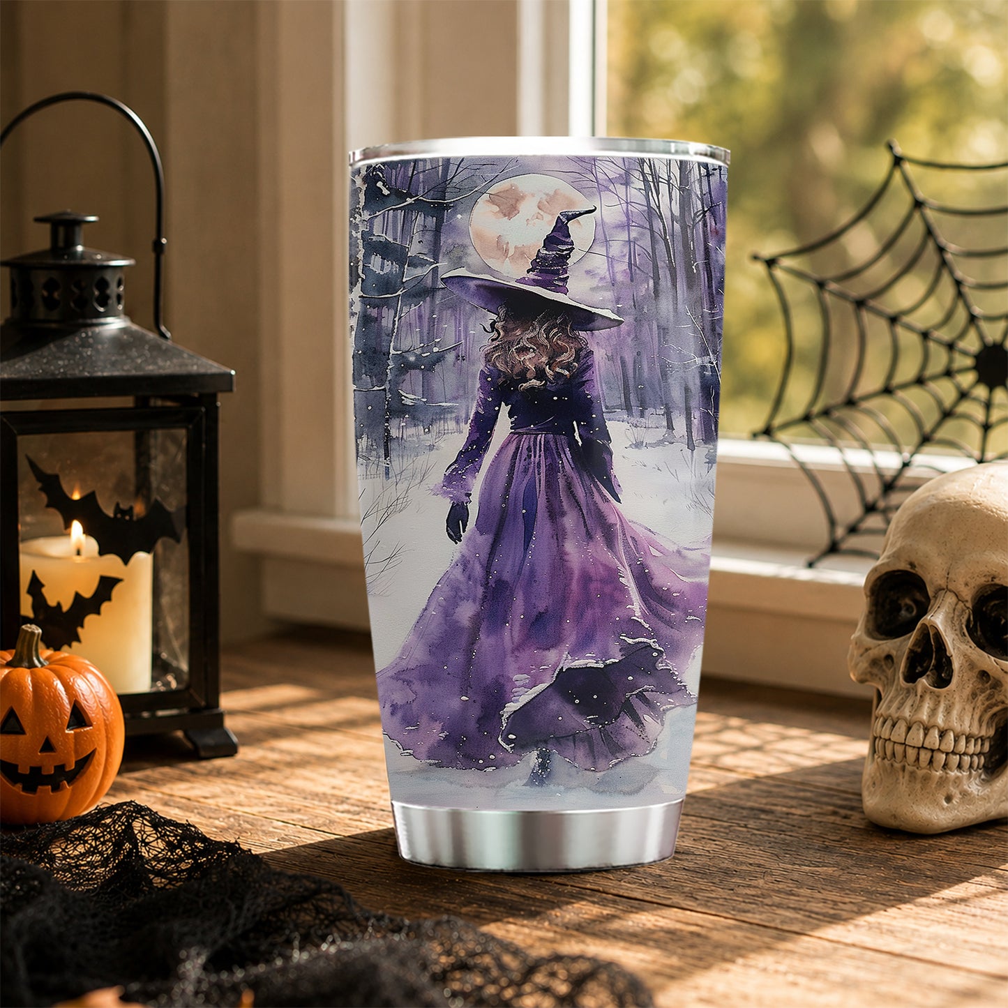 Halloween Purple Witch Tumbler, Witch In Snowy Forest, Spooky Season Stainless Steel Tumbler, Travel Mug Tumblers Gift For Witch Lover