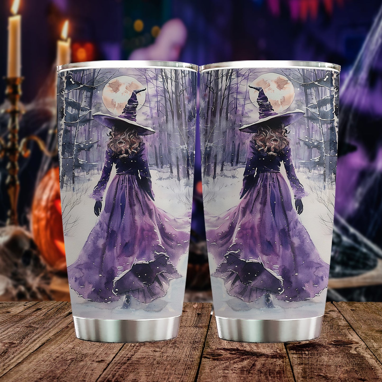 Halloween Purple Witch Tumbler, Witch In Snowy Forest, Spooky Season Stainless Steel Tumbler, Travel Mug Tumblers Gift For Witch Lover
