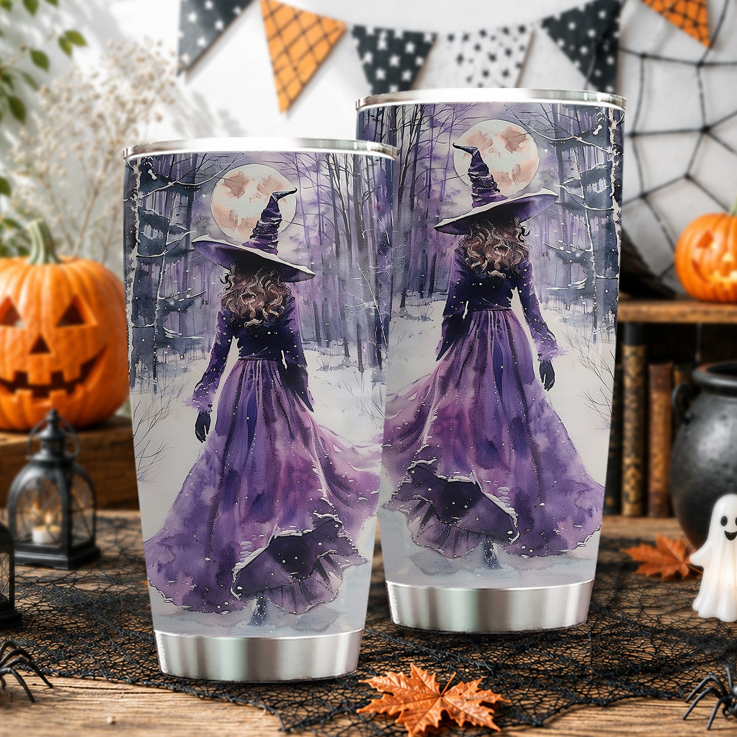 Halloween Purple Witch Tumbler, Witch In Snowy Forest, Spooky Season Stainless Steel Tumbler, Travel Mug Tumblers Gift For Witch Lover
