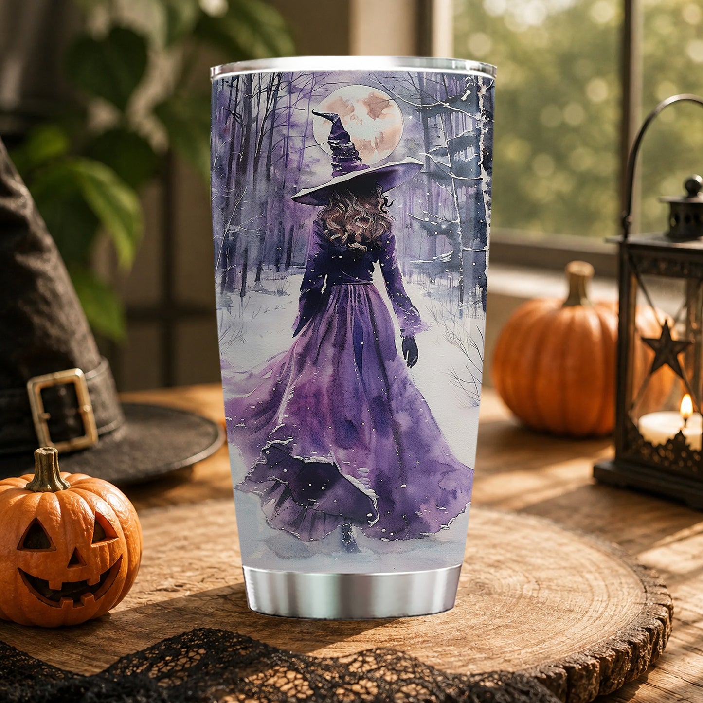 Halloween Purple Witch Tumbler, Witch In Snowy Forest, Spooky Season Stainless Steel Tumbler, Travel Mug Tumblers Gift For Witch Lover