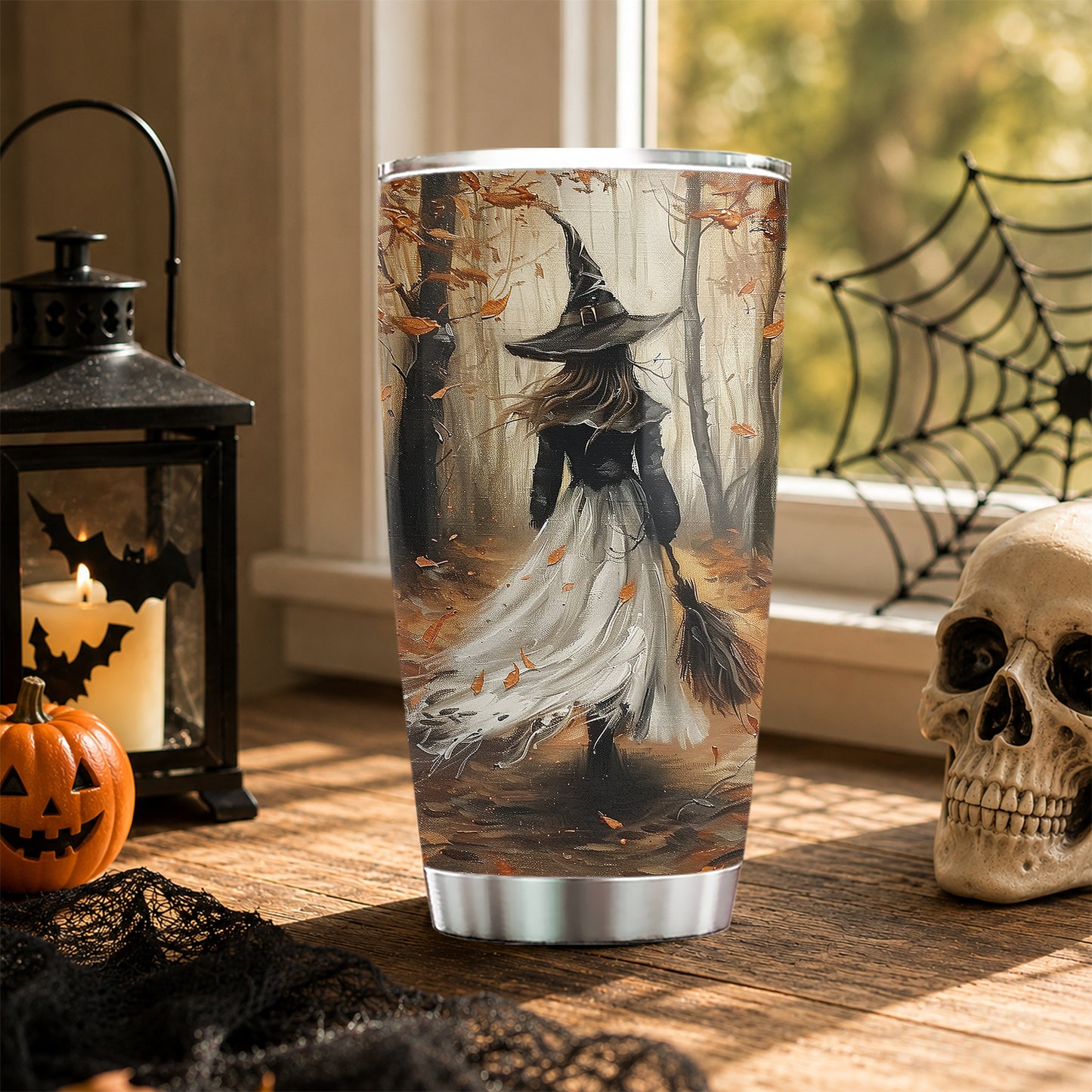 Halloween Autumn Witch Tumbler, Witch Walking In Fall Forest, Spooky Season Stainless Steel Tumbler, Travel Mug Tumblers Gift For Witch Lover