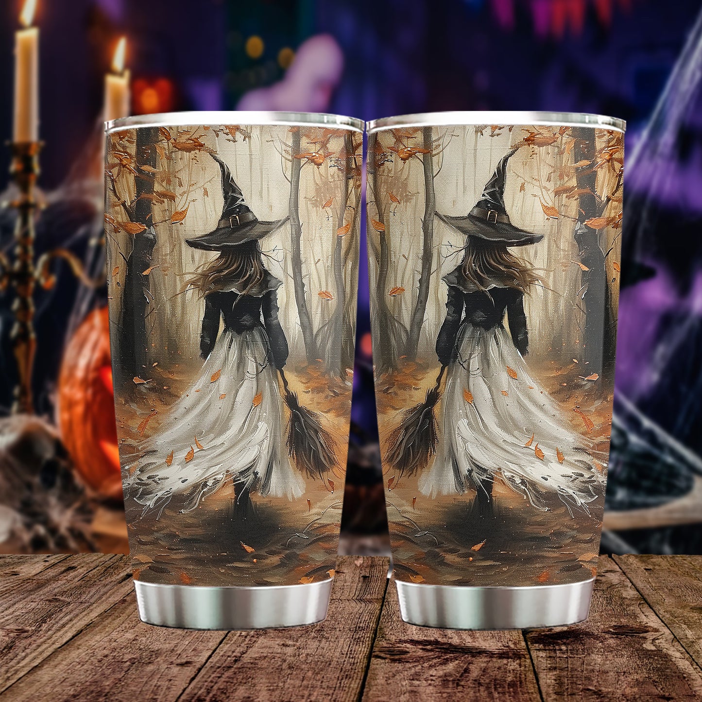 Halloween Autumn Witch Tumbler, Witch Walking In Fall Forest, Spooky Season Stainless Steel Tumbler, Travel Mug Tumblers Gift For Witch Lover