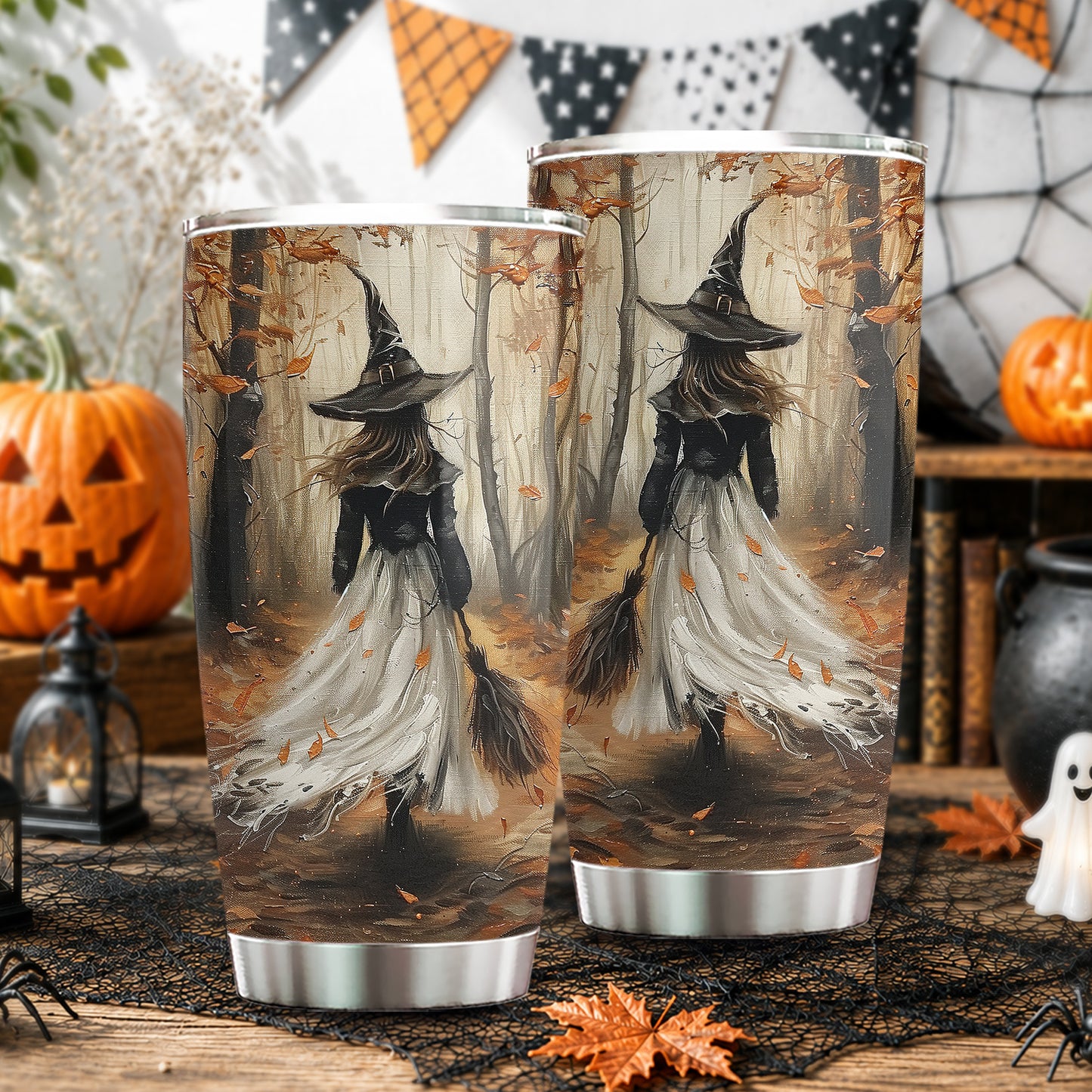 Halloween Autumn Witch Tumbler, Witch Walking In Fall Forest, Spooky Season Stainless Steel Tumbler, Travel Mug Tumblers Gift For Witch Lover