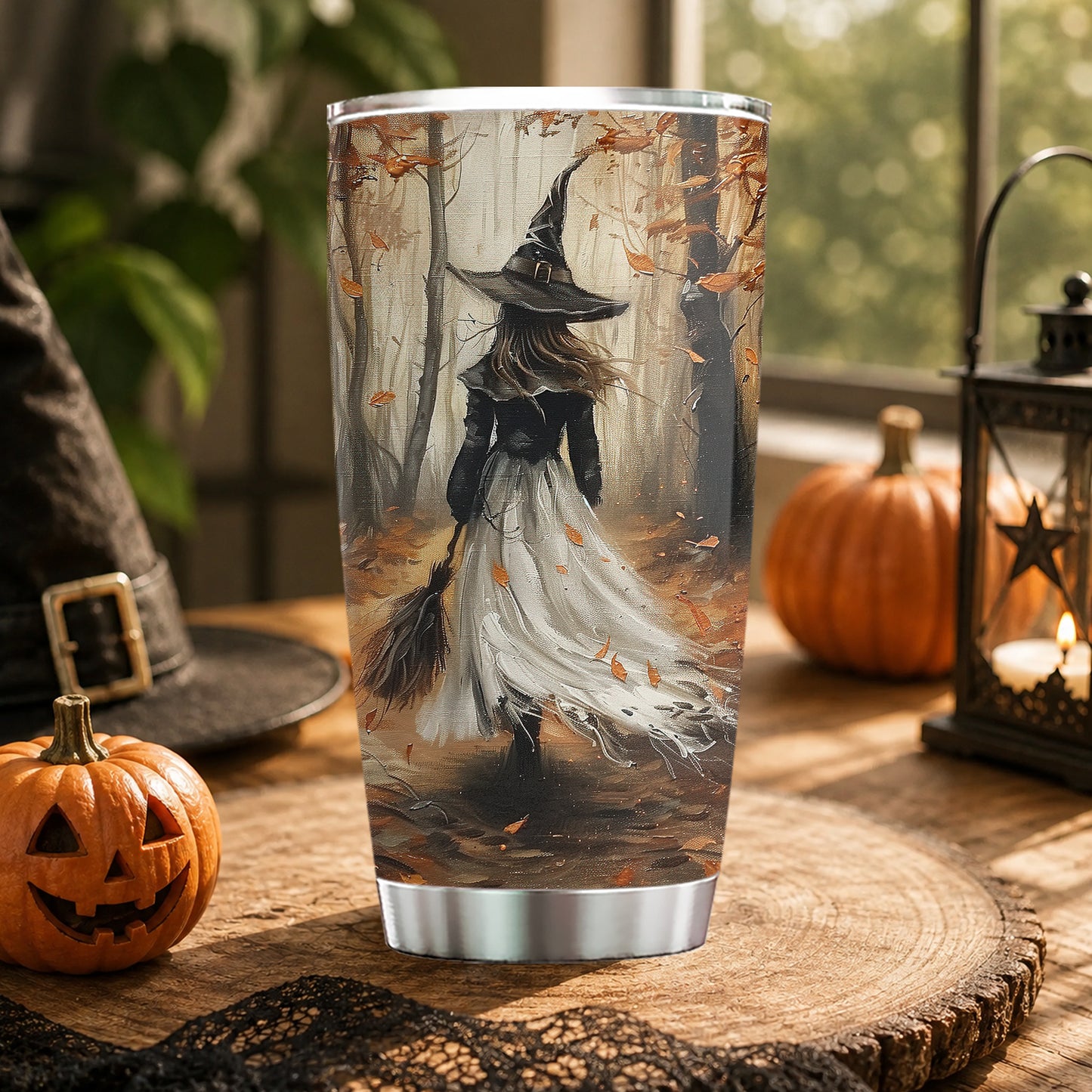 Halloween Autumn Witch Tumbler, Witch Walking In Fall Forest, Spooky Season Stainless Steel Tumbler, Travel Mug Tumblers Gift For Witch Lover