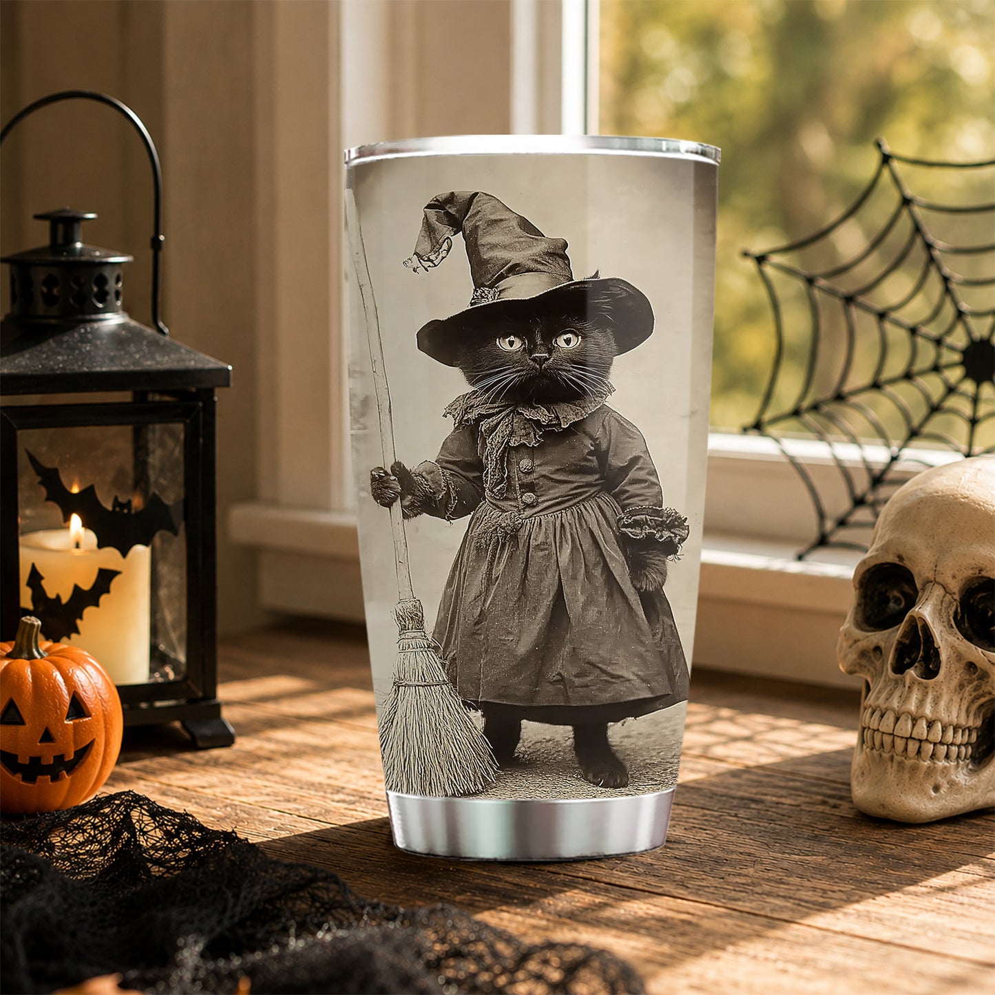 Vintage Halloween Black Cat Witch Tumbler, The Littlest Witch In Town, Spooky Season Stainless Steel Tumbler, Travel Mug Tumblers Gift For Cat Lover