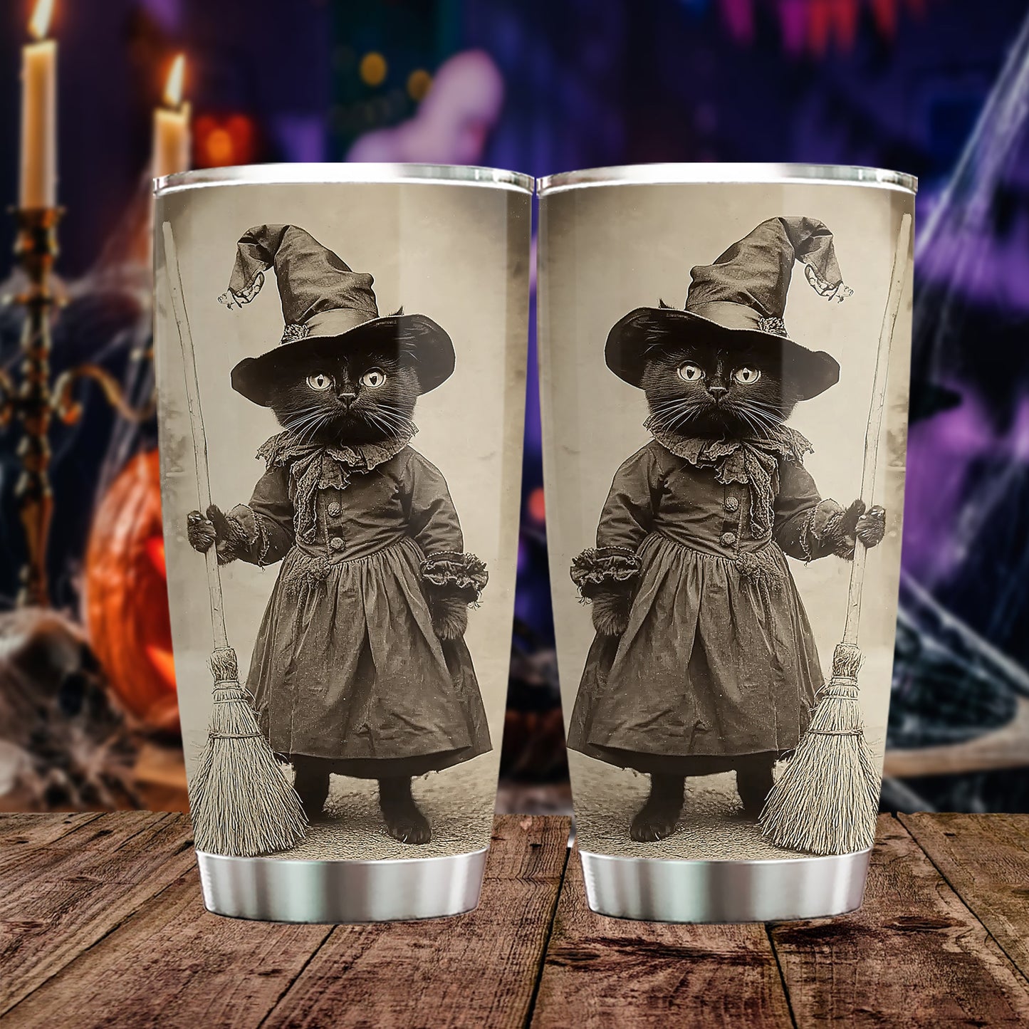 Vintage Halloween Black Cat Witch Tumbler, The Littlest Witch In Town, Spooky Season Stainless Steel Tumbler, Travel Mug Tumblers Gift For Cat Lover