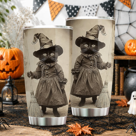 Vintage Halloween Black Cat Witch Tumbler, The Littlest Witch In Town, Spooky Season Stainless Steel Tumbler, Travel Mug Tumblers Gift For Cat Lover