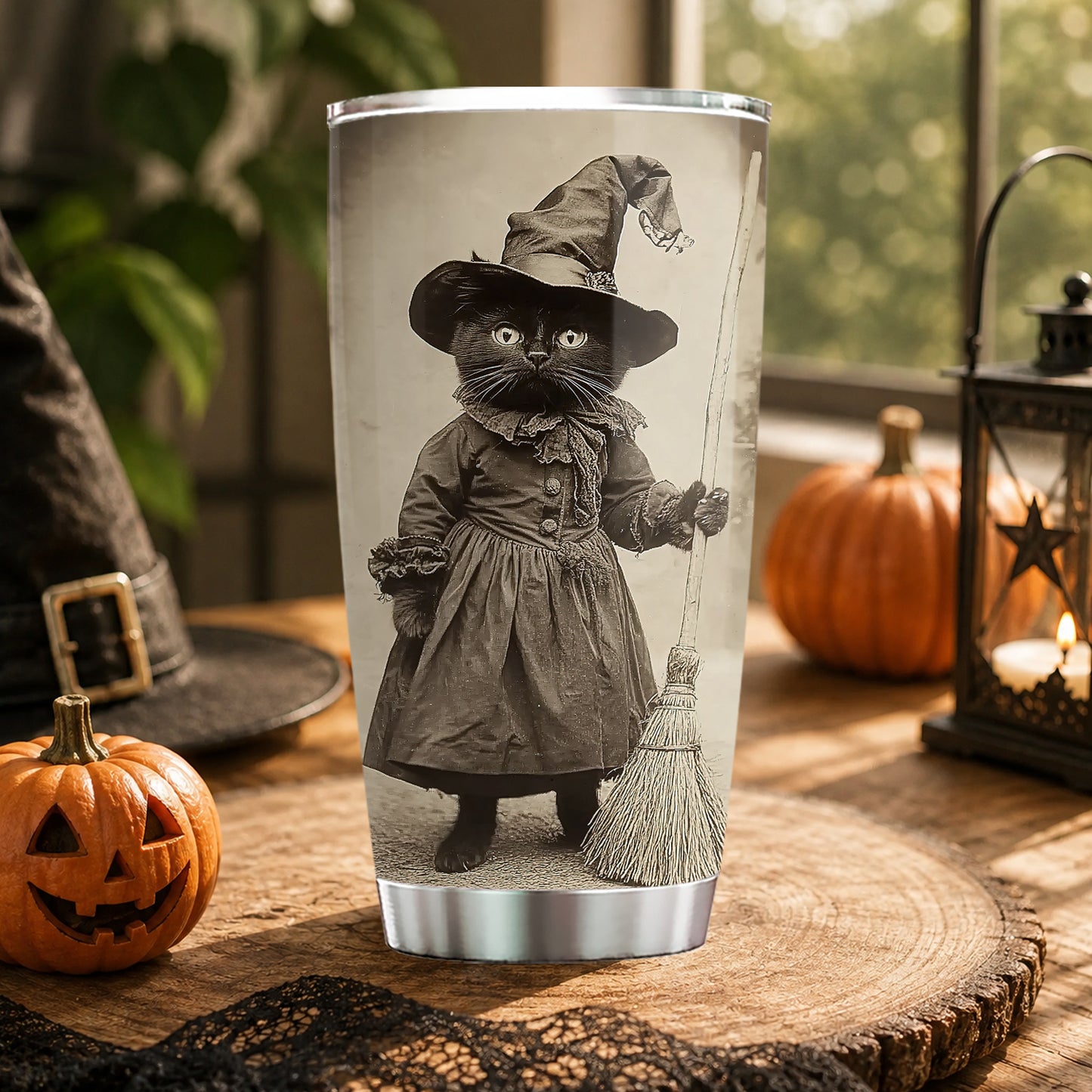 Vintage Halloween Black Cat Witch Tumbler, The Littlest Witch In Town, Spooky Season Stainless Steel Tumbler, Travel Mug Tumblers Gift For Cat Lover