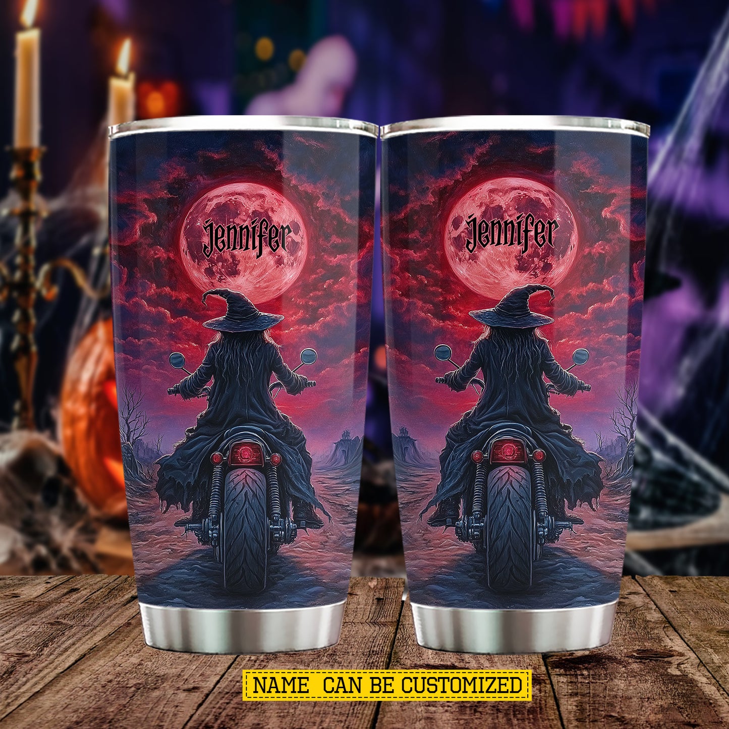 Personalized Halloween Witch Motorcycle Tumbler, Witch’s Midnight Ride, Spooky Season Stainless Steel Tumbler, Travel Mug Tumblers Gift For Bikers