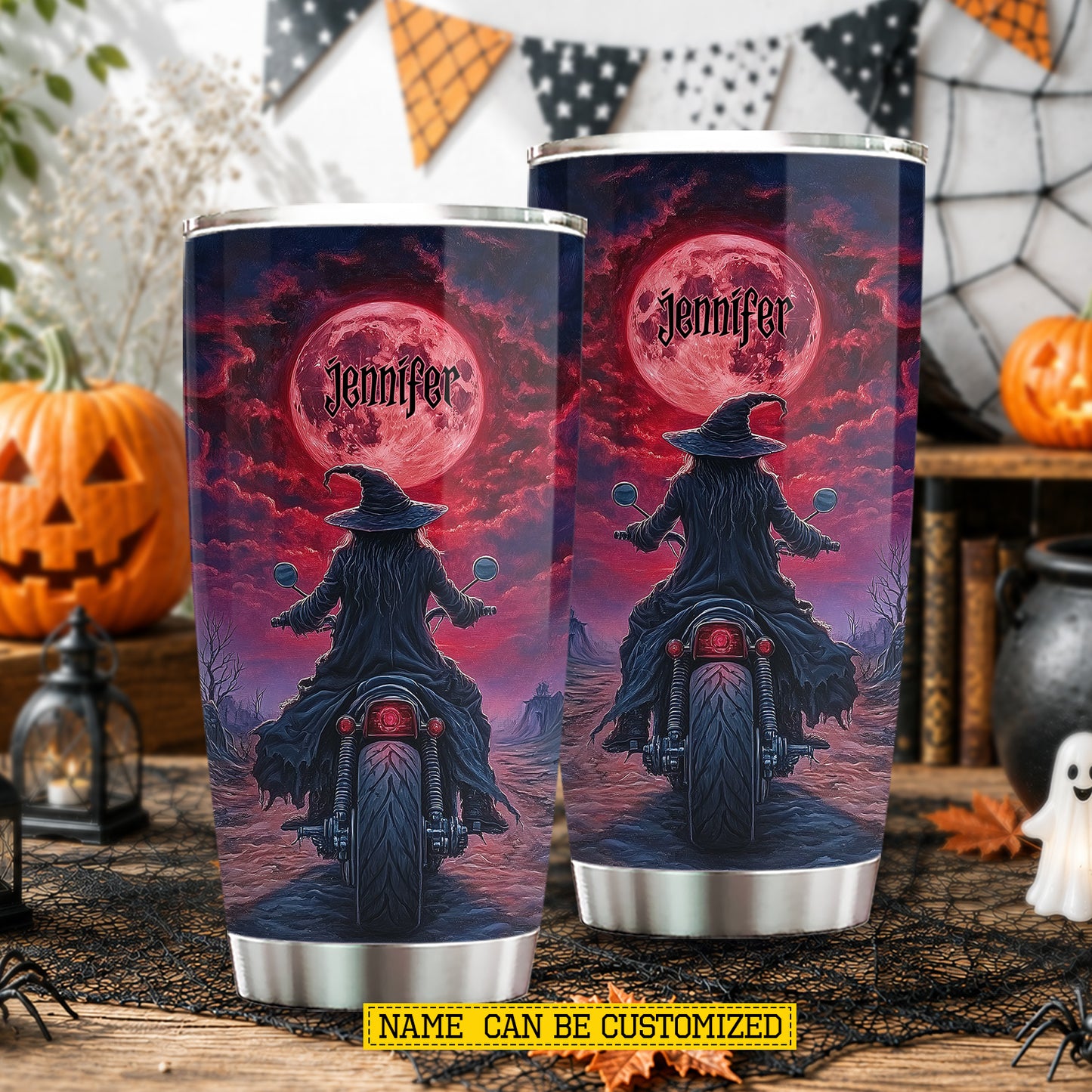 Personalized Halloween Witch Motorcycle Tumbler, Witch’s Midnight Ride, Spooky Season Stainless Steel Tumbler, Travel Mug Tumblers Gift For Bikers