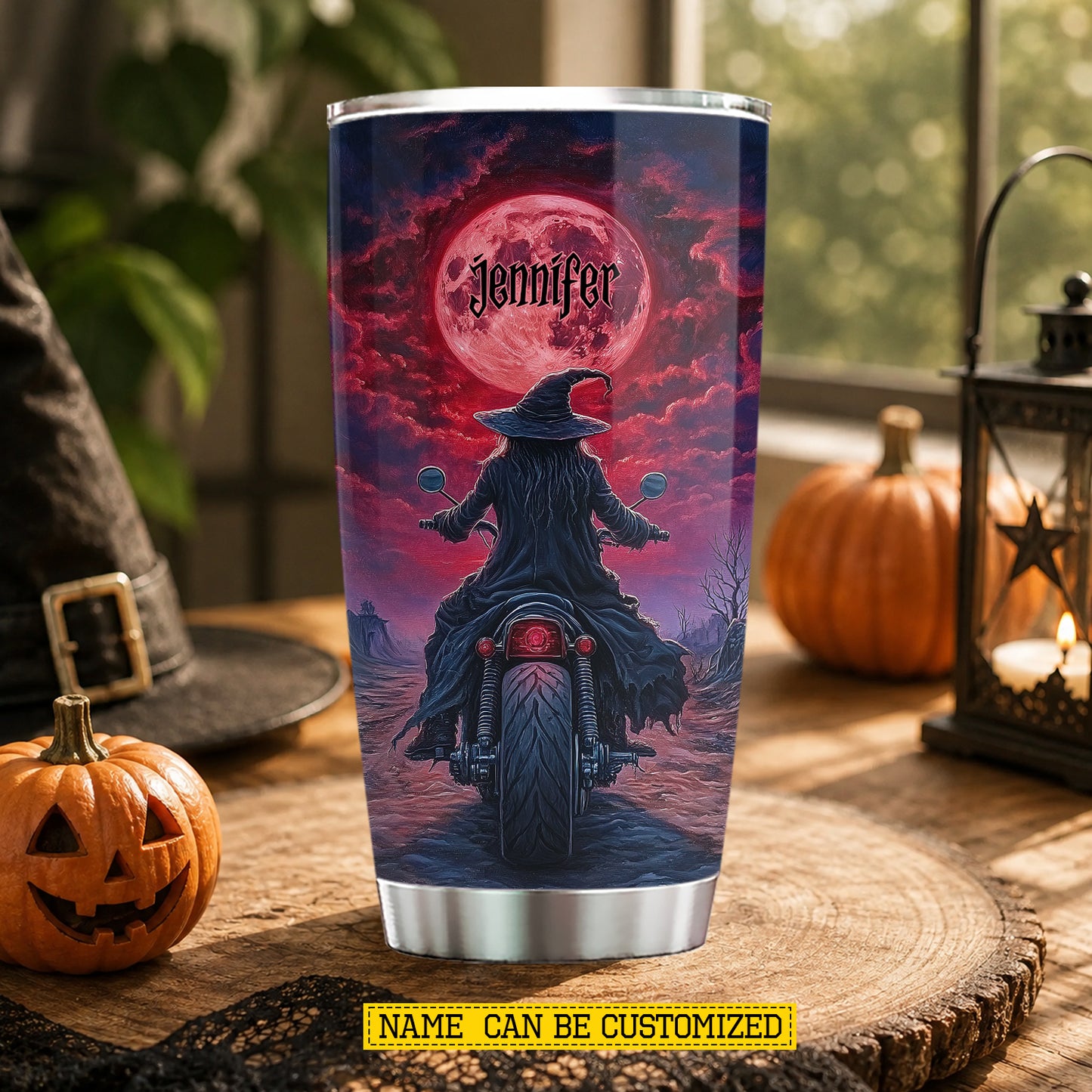 Personalized Halloween Witch Motorcycle Tumbler, Witch’s Midnight Ride, Spooky Season Stainless Steel Tumbler, Travel Mug Tumblers Gift For Bikers