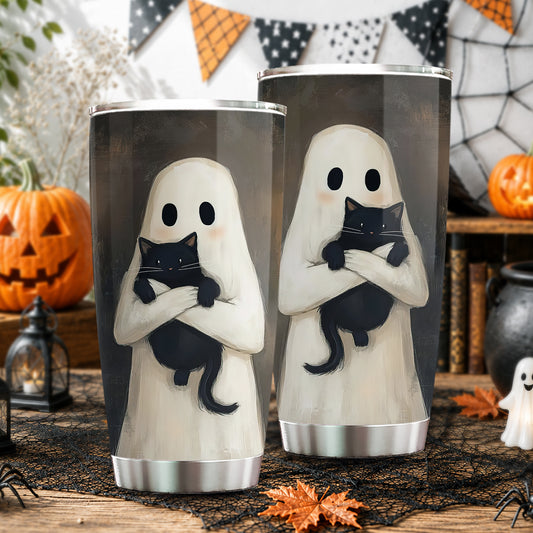 Cute Halloween Ghost And Black Cat Tumbler, My Boo Has Whiskers, Spooky Season Stainless Steel Tumbler, Travel Mug Tumblers Gift For Cat Lover