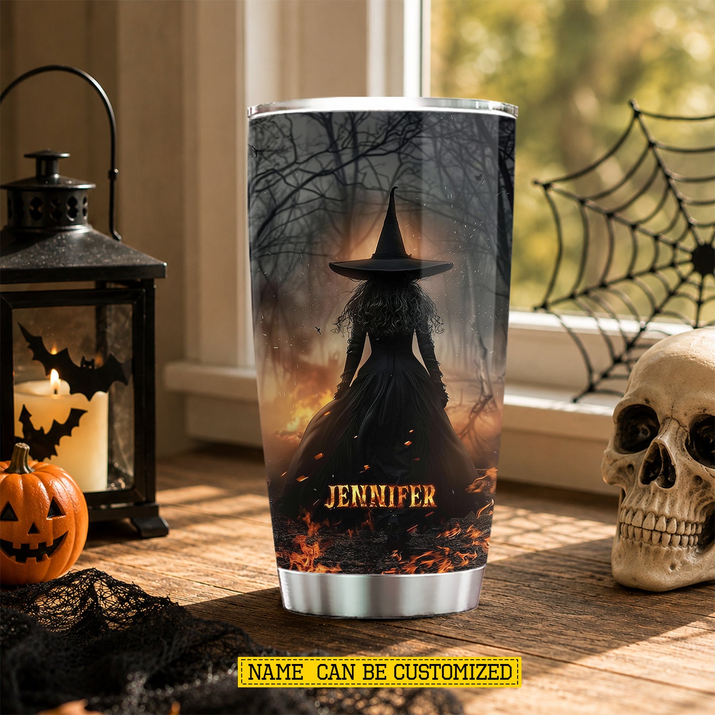Personalized Halloween Witch Tumbler, She Walks Through Fire, Spooky Season Stainless Steel Tumbler, Travel Mug Tumblers Gift For Witch Lover