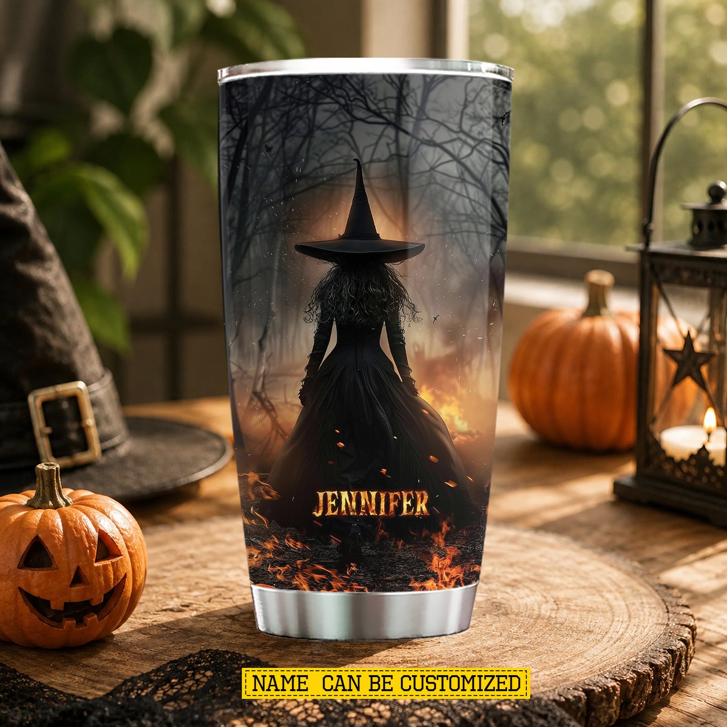 Personalized Halloween Witch Tumbler, She Walks Through Fire, Spooky Season Stainless Steel Tumbler, Travel Mug Tumblers Gift For Witch Lover