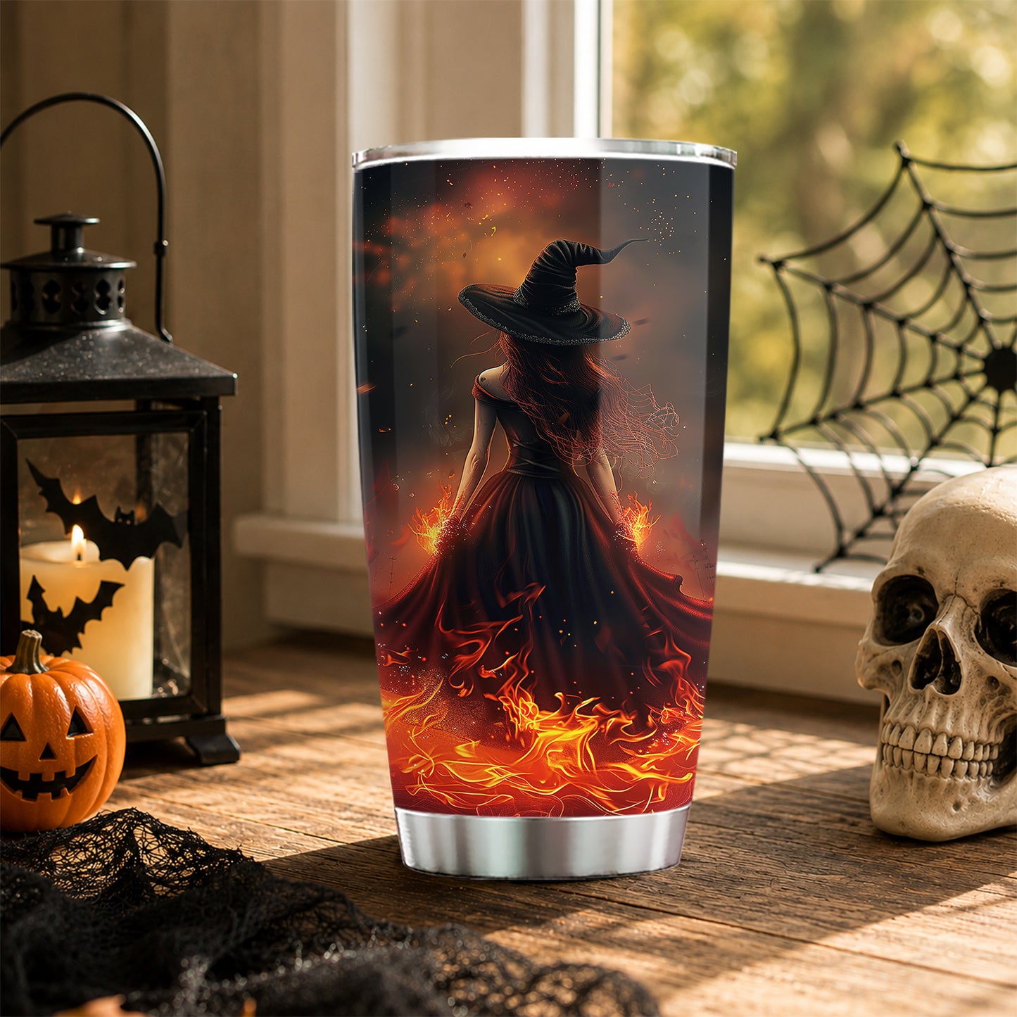 Halloween Fire Witch Tumbler, She Walks Through Fire, Spooky Season Stainless Steel Tumbler, Travel Mug Tumblers Gift For Witch Lover