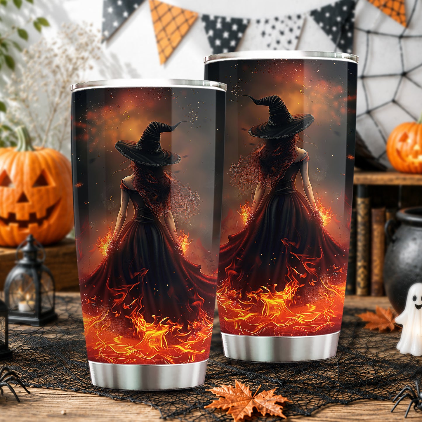 Halloween Fire Witch Tumbler, She Walks Through Fire, Spooky Season Stainless Steel Tumbler, Travel Mug Tumblers Gift For Witch Lover