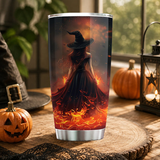 Halloween Fire Witch Tumbler, She Walks Through Fire, Spooky Season Stainless Steel Tumbler, Travel Mug Tumblers Gift For Witch Lover
