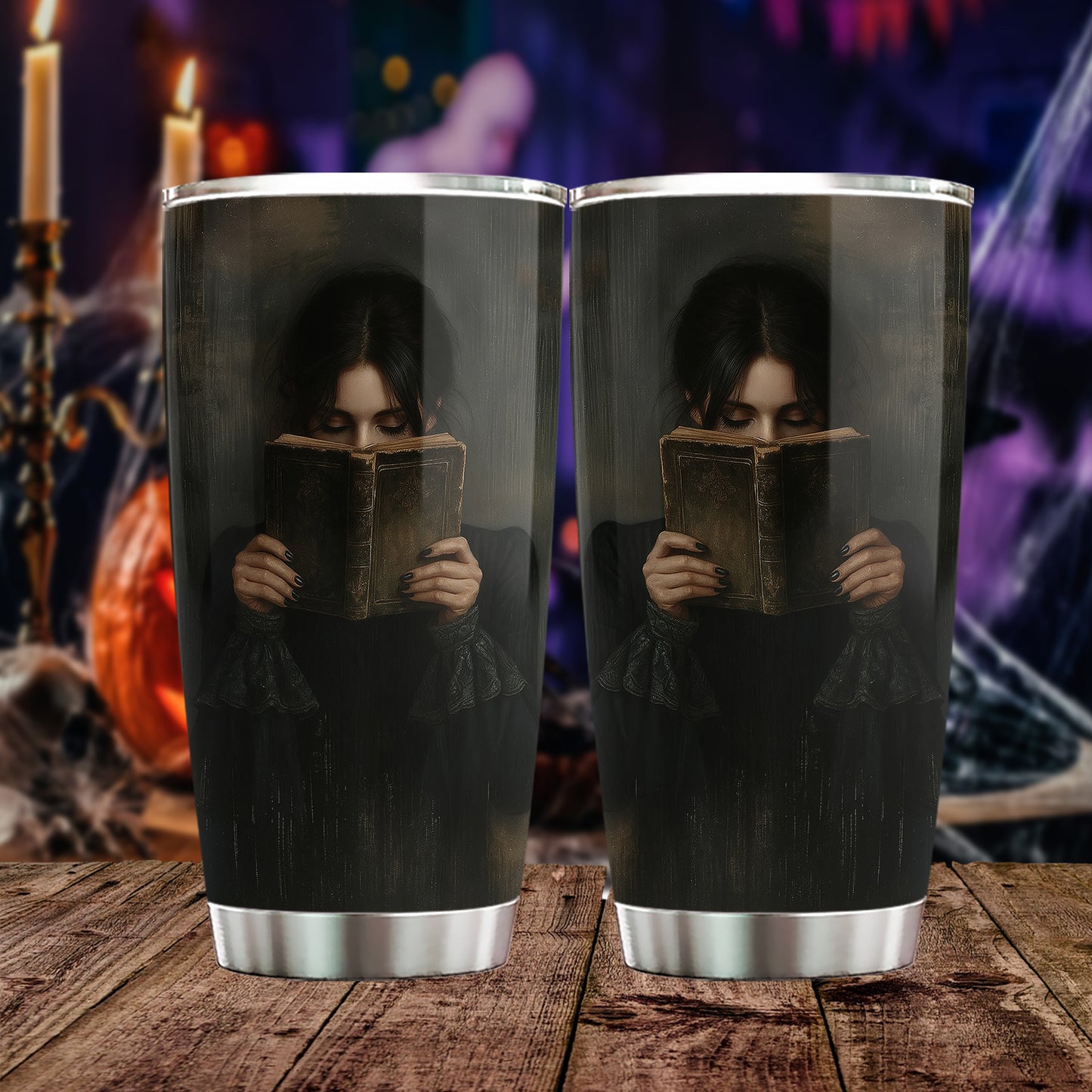 Halloween Gothic Girl Reading Tumbler, Lost In A Dark Story, Spooky Season Stainless Steel Tumbler, Travel Mug Tumblers Gift For Book Lover
