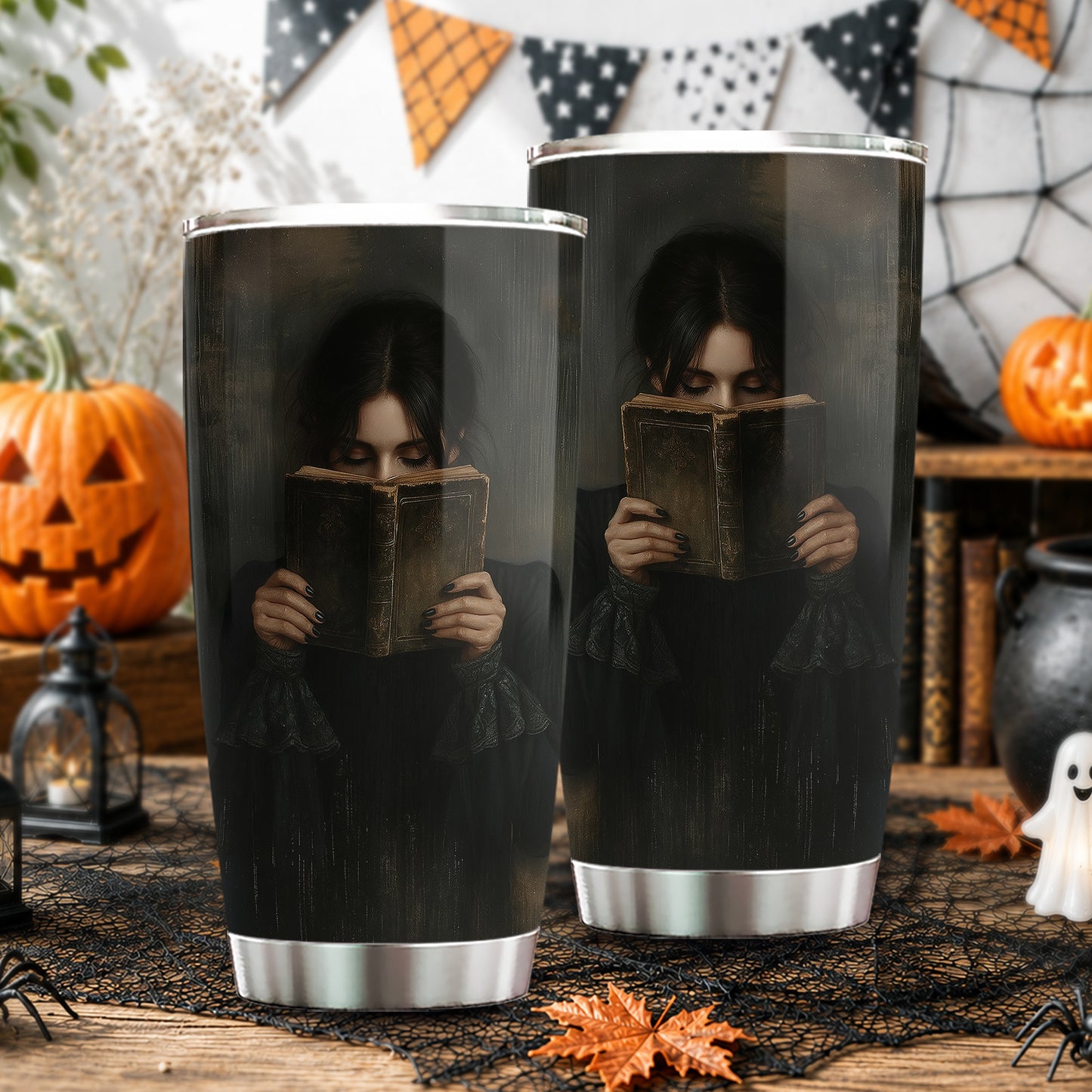 Halloween Gothic Girl Reading Tumbler, Lost In A Dark Story, Spooky Season Stainless Steel Tumbler, Travel Mug Tumblers Gift For Book Lover