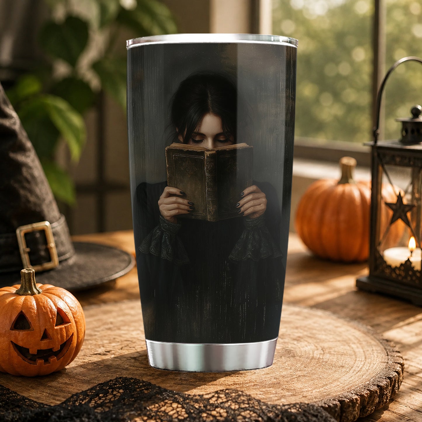 Halloween Gothic Girl Reading Tumbler, Lost In A Dark Story, Spooky Season Stainless Steel Tumbler, Travel Mug Tumblers Gift For Book Lover