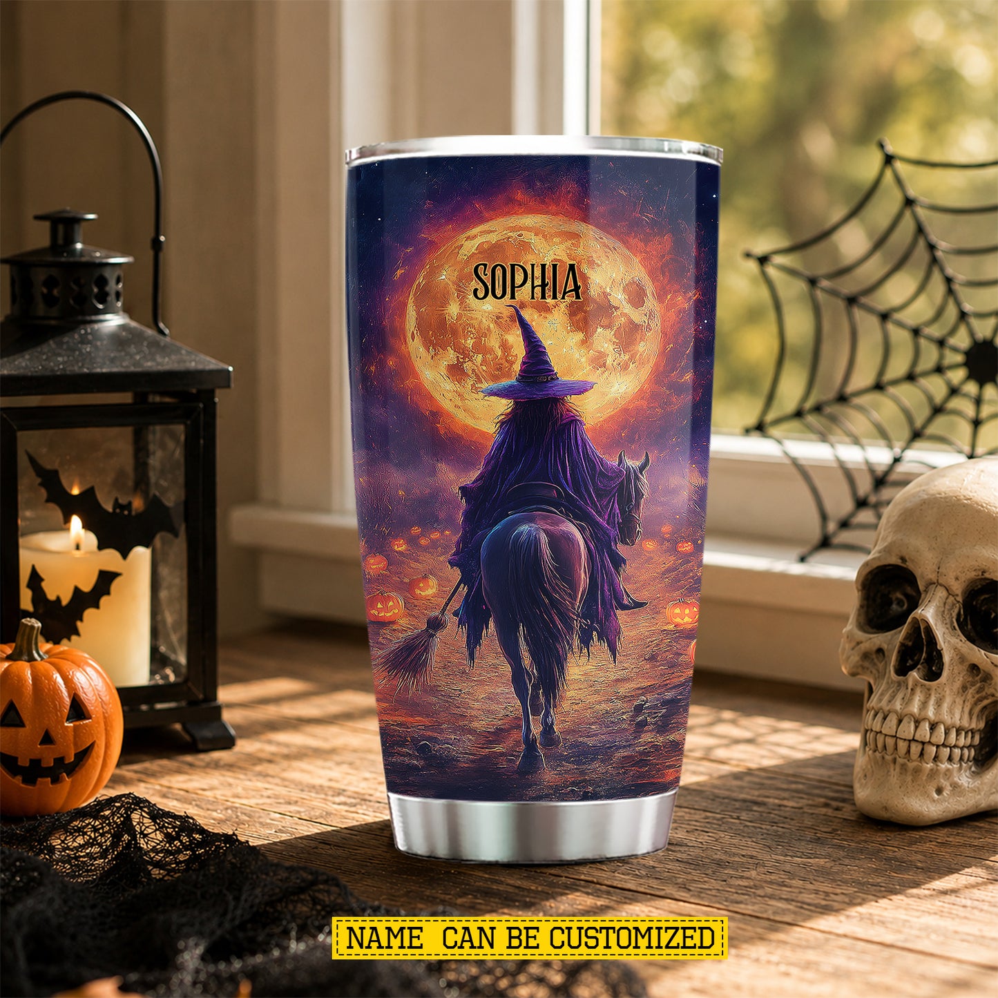 Personalized Halloween Witch Riding Horse Tumbler, Midnight Witch Rider, Spooky Season Stainless Steel Tumbler, Travel Mug Tumblers Gift For Horse Lover