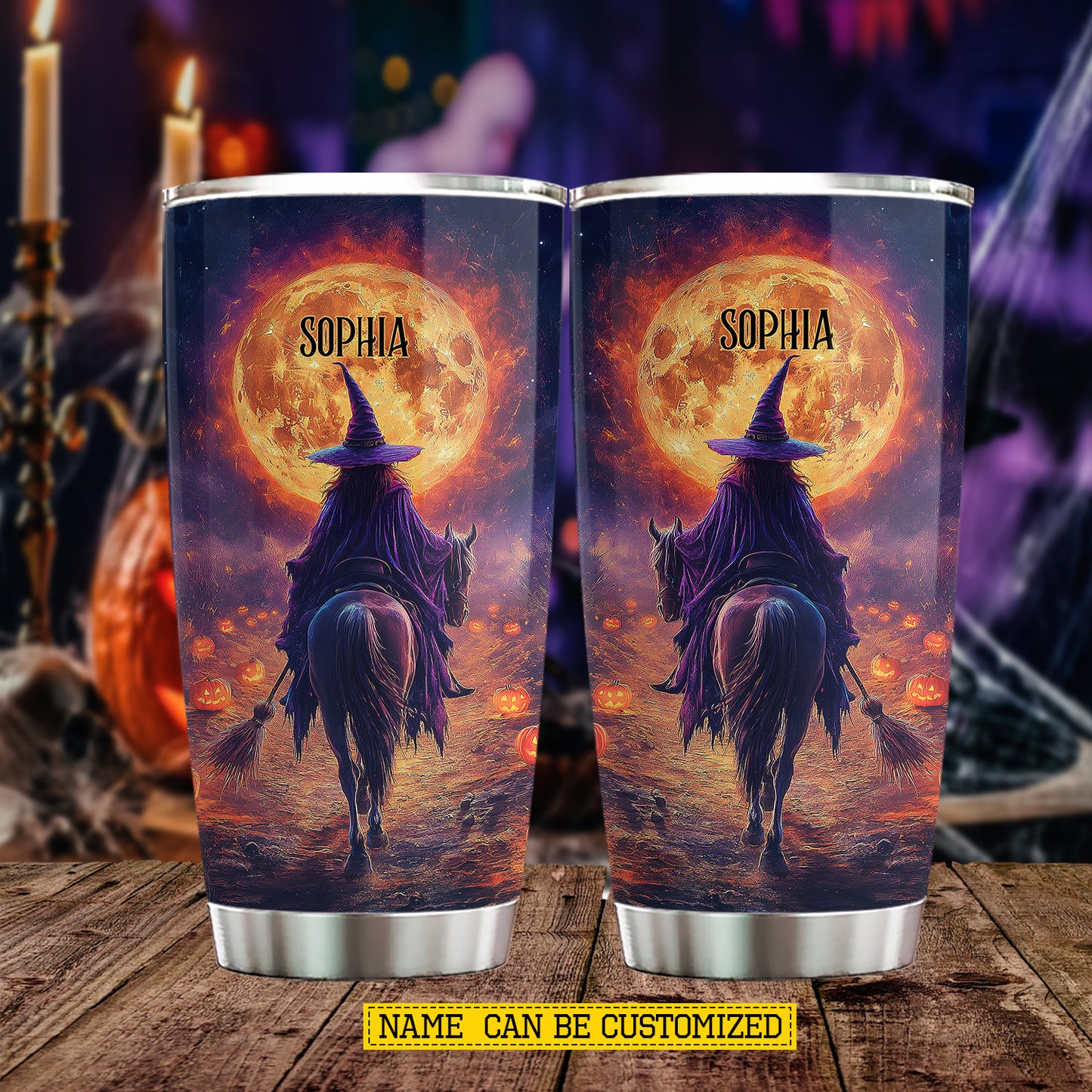 Personalized Halloween Witch Riding Horse Tumbler, Midnight Witch Rider, Spooky Season Stainless Steel Tumbler, Travel Mug Tumblers Gift For Horse Lover