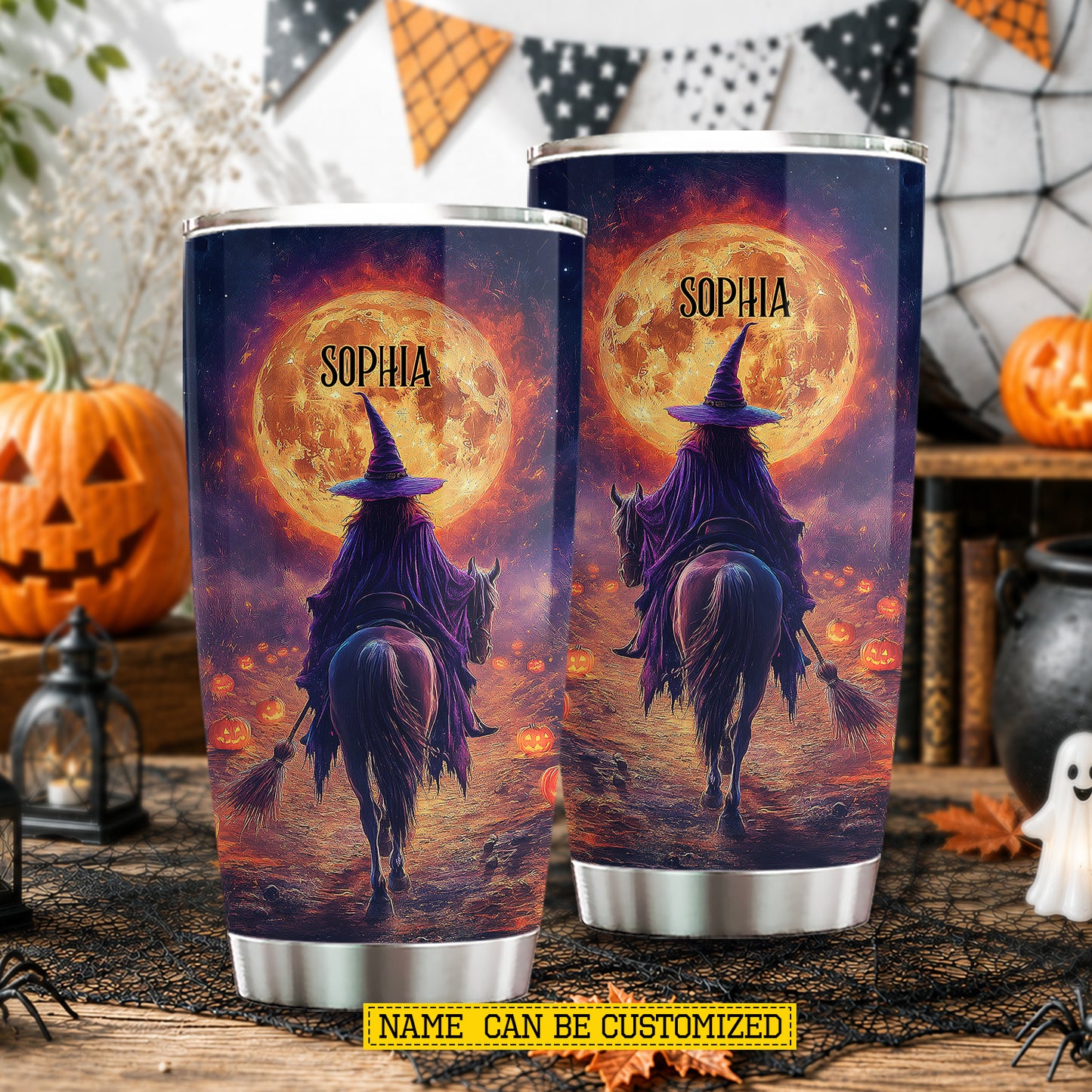 Personalized Halloween Witch Riding Horse Tumbler, Midnight Witch Rider, Spooky Season Stainless Steel Tumbler, Travel Mug Tumblers Gift For Horse Lover
