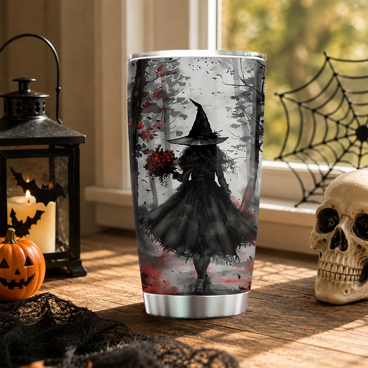 Halloween Gothic Witch Tumbler, Black Witch With Flowers Travel, Spooky Season Stainless Steel Tumbler, Travel Mug Tumblers Gift For Witch Lover