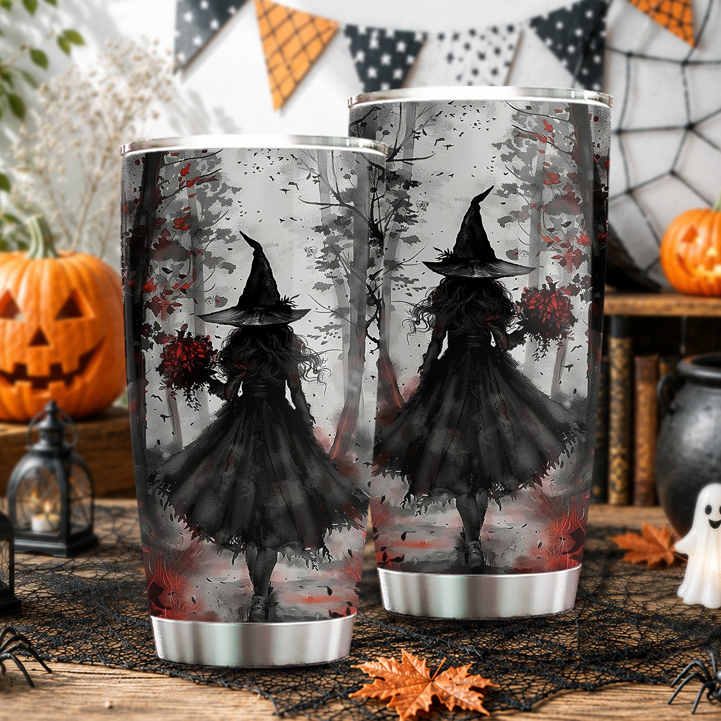 Halloween Gothic Witch Tumbler, Black Witch With Flowers Travel, Spooky Season Stainless Steel Tumbler, Travel Mug Tumblers Gift For Witch Lover