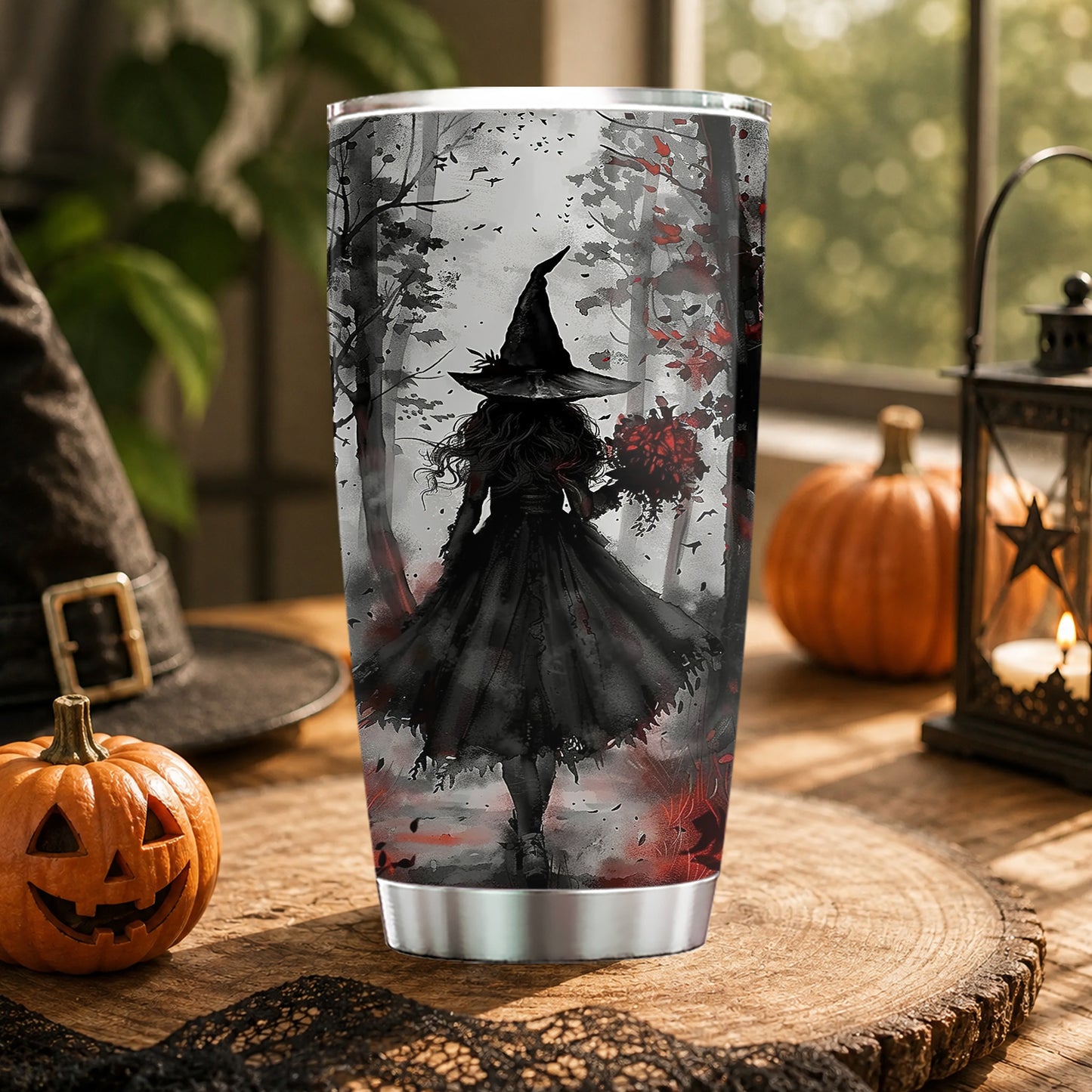 Halloween Gothic Witch Tumbler, Black Witch With Flowers Travel, Spooky Season Stainless Steel Tumbler, Travel Mug Tumblers Gift For Witch Lover