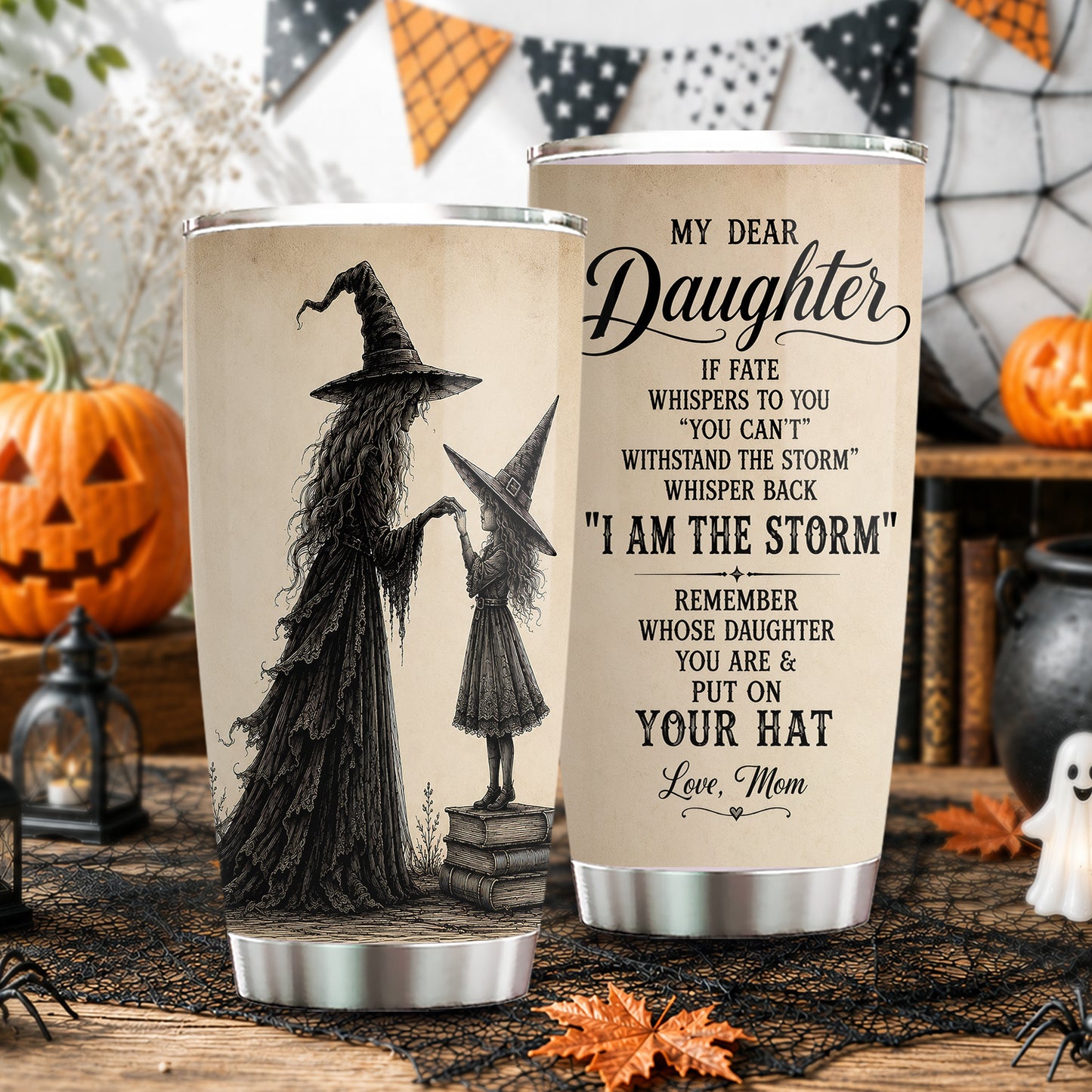 Halloween Witch Mom Daughter Tumbler, I Am The Storm Stainless Steel Tumbler Spooky Season Gift For Witch Lover