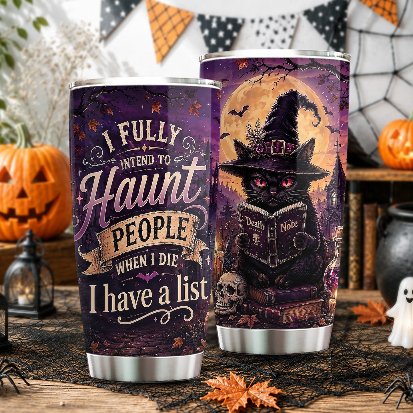 Funny Halloween Black Cat Witch Tumbler, I Fully Intend To Haunt People, Spooky Season Stainless Steel Tumbler, Travel Mug Tumblers Gift For Cat Lover