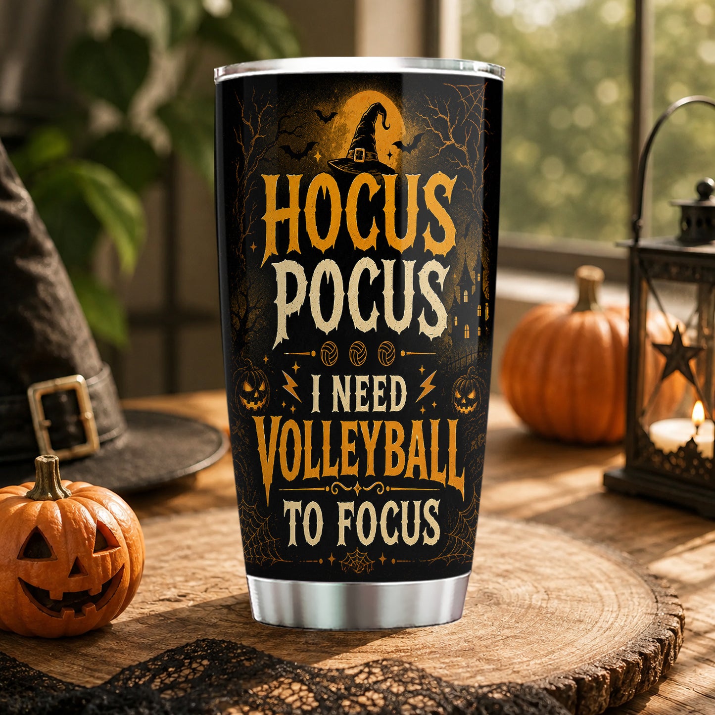 Personalized Halloween Witch Volleyball Tumbler, Hocus Pocus I Need Volleyball To Focus, Spooky Season Stainless Steel Tumbler, Travel Mug Tumblers Gift For Volleyball Lover