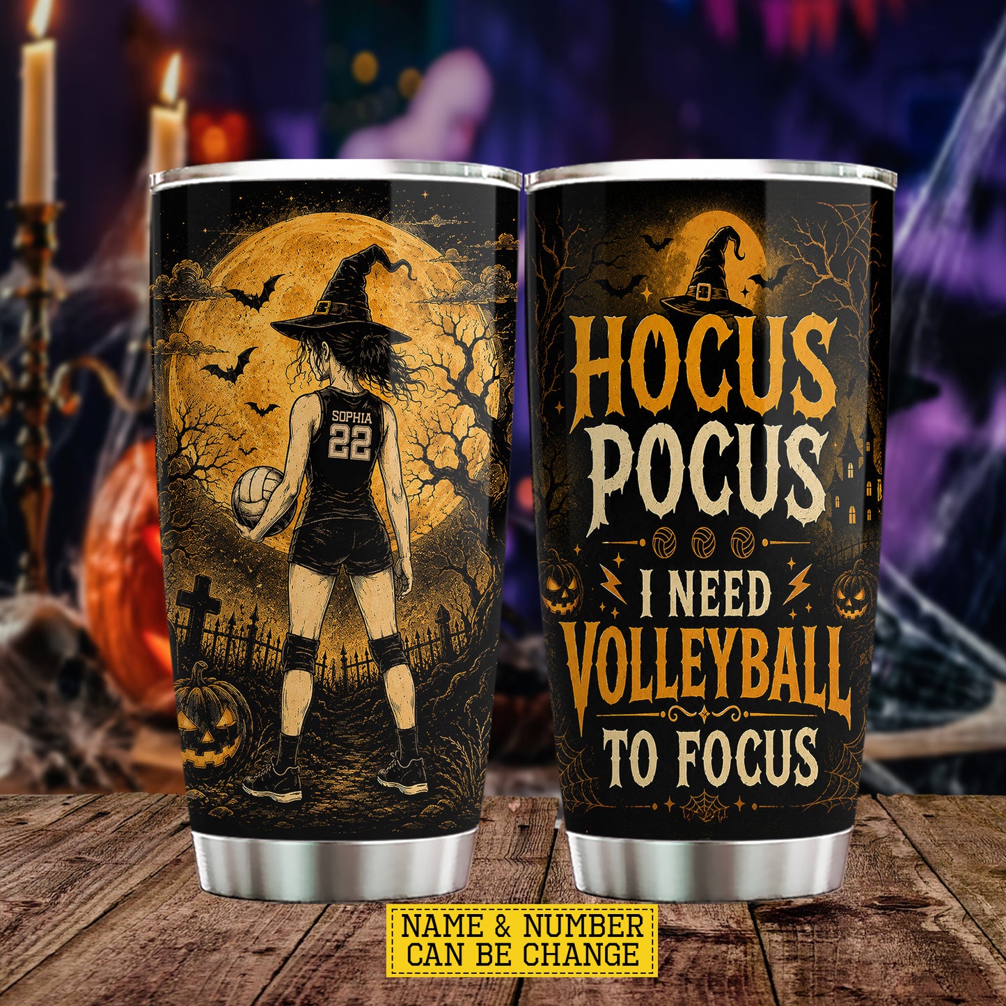 Personalized Halloween Witch Volleyball Tumbler, Hocus Pocus I Need Volleyball To Focus, Spooky Season Stainless Steel Tumbler, Travel Mug Tumblers Gift For Volleyball Lover