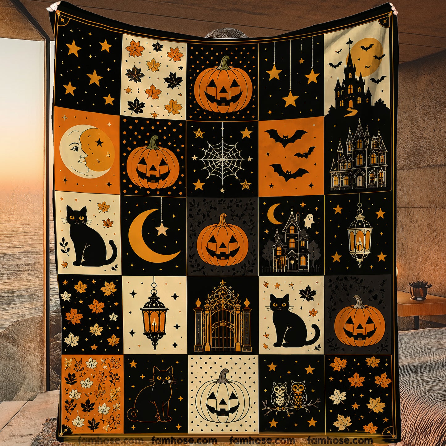 Halloween Pumpkin & Black Cat Fleece Blanket, A Patchwork Of Halloween Magic Woven Blanket, Sherpa Blanket Spooky Season Gift For Cat Lover