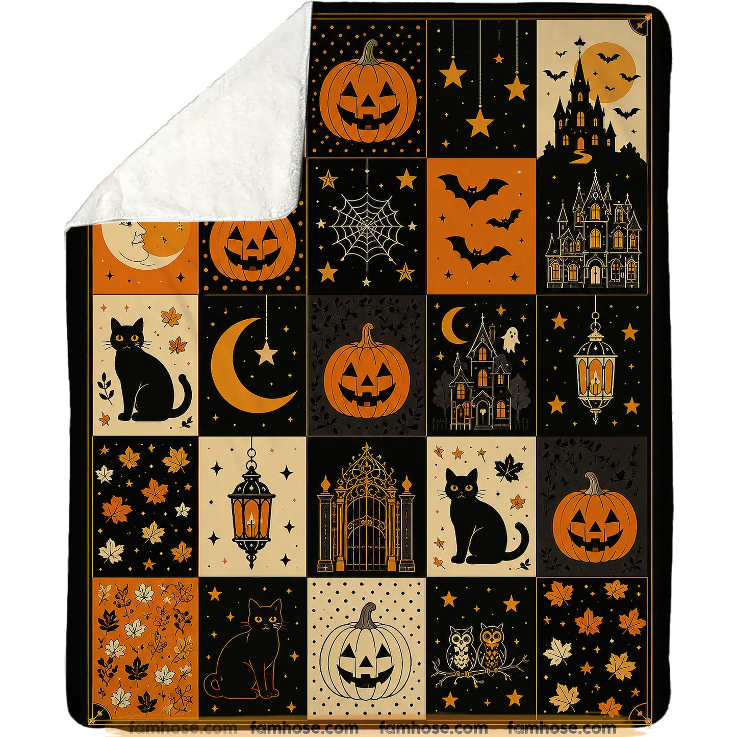 Halloween Pumpkin & Black Cat Fleece Blanket, A Patchwork Of Halloween Magic Woven Blanket, Sherpa Blanket Spooky Season Gift For Cat Lover