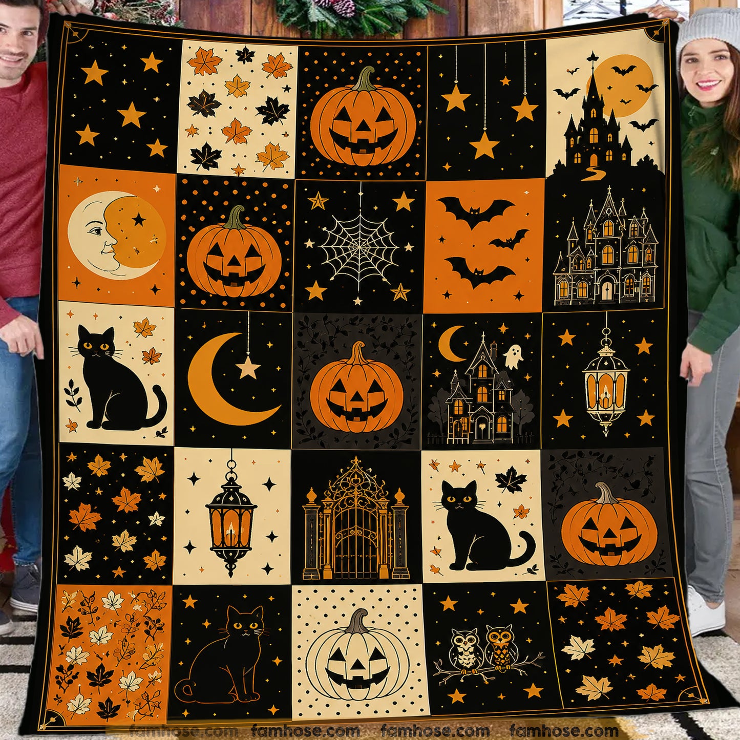 Halloween Pumpkin & Black Cat Fleece Blanket, A Patchwork Of Halloween Magic Woven Blanket, Sherpa Blanket Spooky Season Gift For Cat Lover