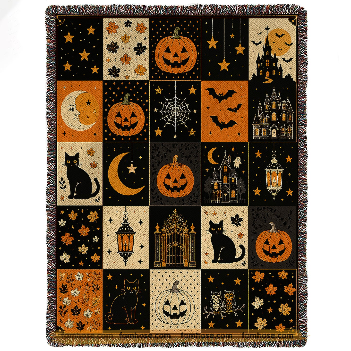 Halloween Pumpkin & Black Cat Fleece Blanket, A Patchwork Of Halloween Magic Woven Blanket, Sherpa Blanket Spooky Season Gift For Cat Lover