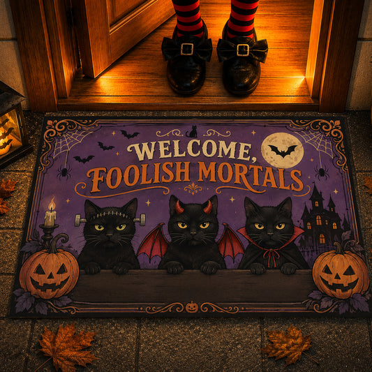 Halloween Black Cat Doormat, Welcome Foolish Mortals Doormat For Home Decor Housewarming Spooky Season Gift For Cat Lover