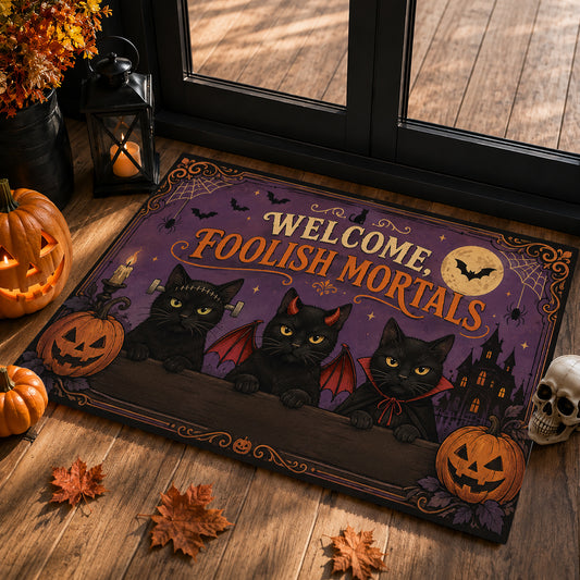 Halloween Black Cat Doormat, Welcome Foolish Mortals Doormat For Home Decor Housewarming Spooky Season Gift For Cat Lover