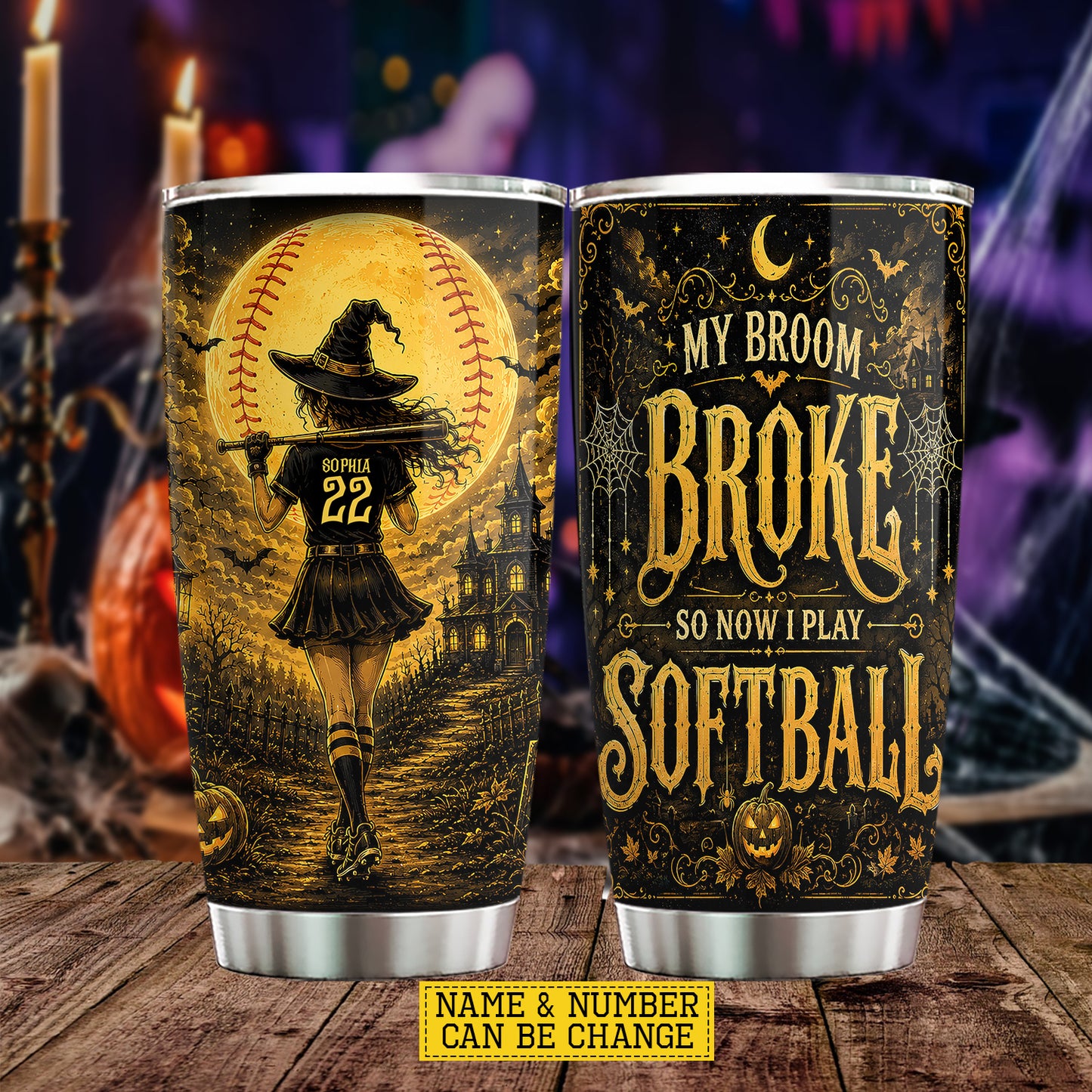 Personalized Halloween Softball Witch Tumbler, My Broom Broke So Now I Play Softball, Spooky Season Stainless Steel Tumbler, Travel Mug Tumblers Gift For Softball Lover