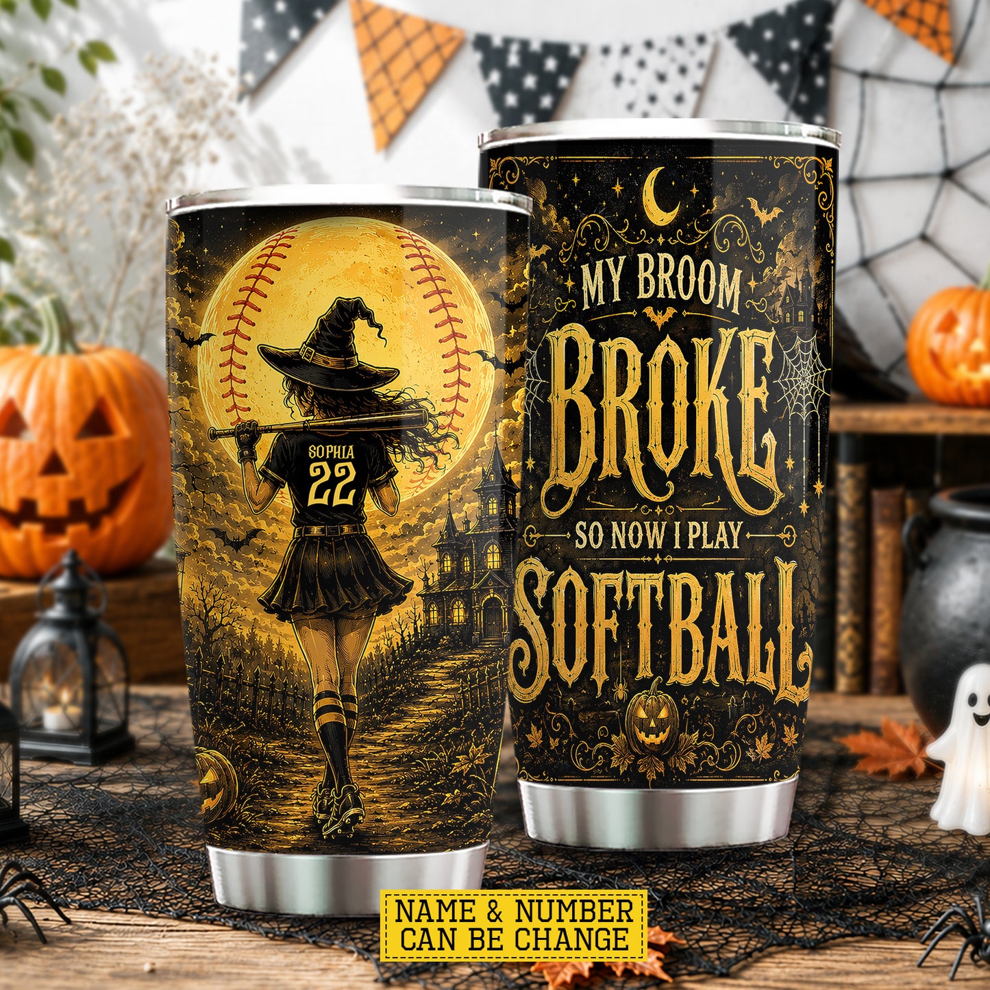 Personalized Halloween Softball Witch Tumbler, My Broom Broke So Now I Play Softball, Spooky Season Stainless Steel Tumbler, Travel Mug Tumblers Gift For Softball Lover