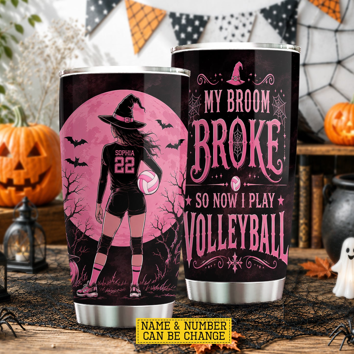 Personalized Halloween Witch Volleyball Tumbler, My Broom Broke So Now I Play Volleyball, Spooky Season Stainless Steel Tumbler, Travel Mug Tumblers Gift For Volleyball Lover