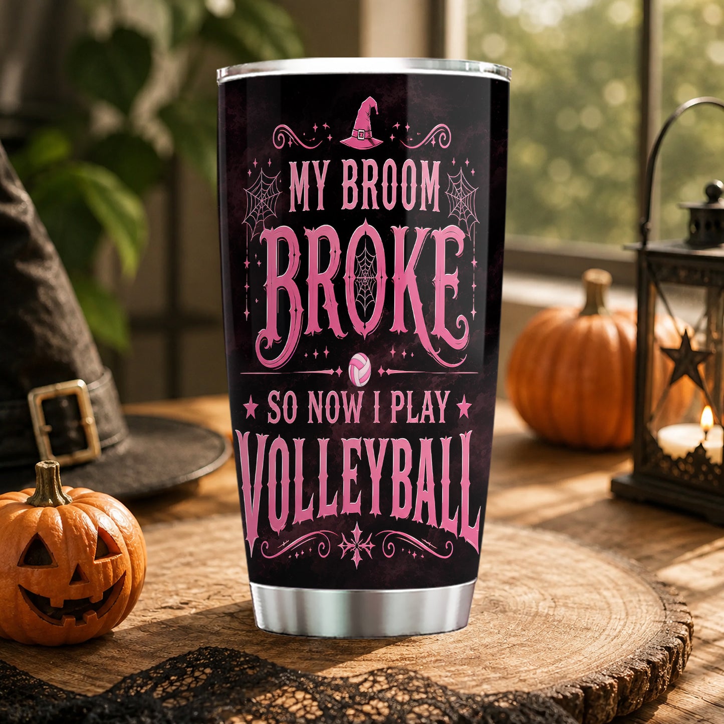 Personalized Halloween Witch Volleyball Tumbler, My Broom Broke So Now I Play Volleyball, Spooky Season Stainless Steel Tumbler, Travel Mug Tumblers Gift For Volleyball Lover