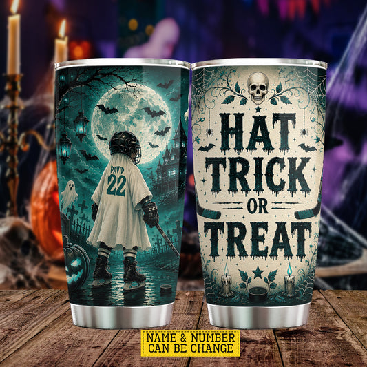 Personalized Halloween Hockey Boo Tumbler, Hat Trick Or Treat, Spooky Season Stainless Steel Tumbler, Travel Mug Tumblers Gift For Hockey Lover