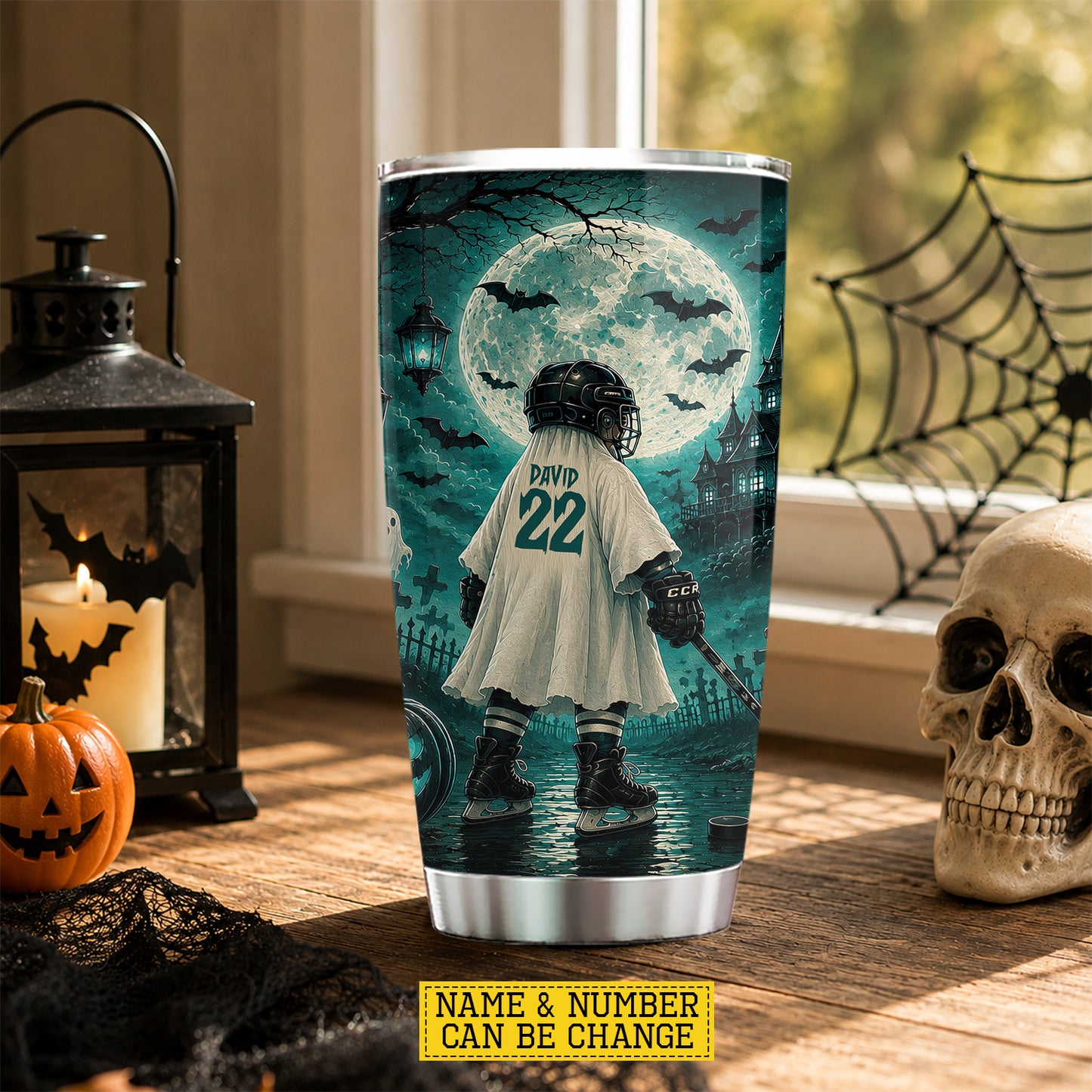 Personalized Halloween Hockey Boo Tumbler, Hat Trick Or Treat, Spooky Season Stainless Steel Tumbler, Travel Mug Tumblers Gift For Hockey Lover