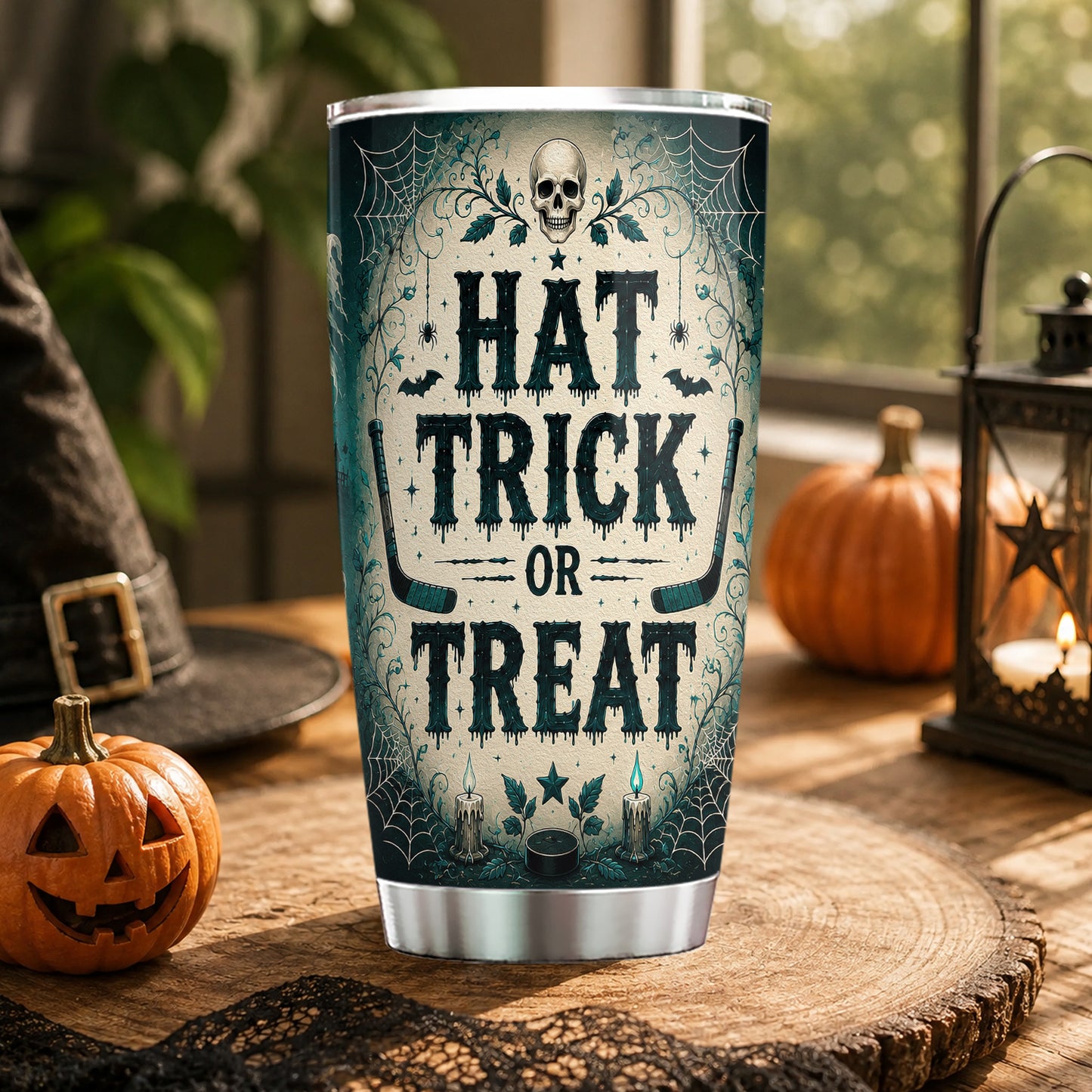 Personalized Halloween Hockey Boo Tumbler, Hat Trick Or Treat, Spooky Season Stainless Steel Tumbler, Travel Mug Tumblers Gift For Hockey Lover