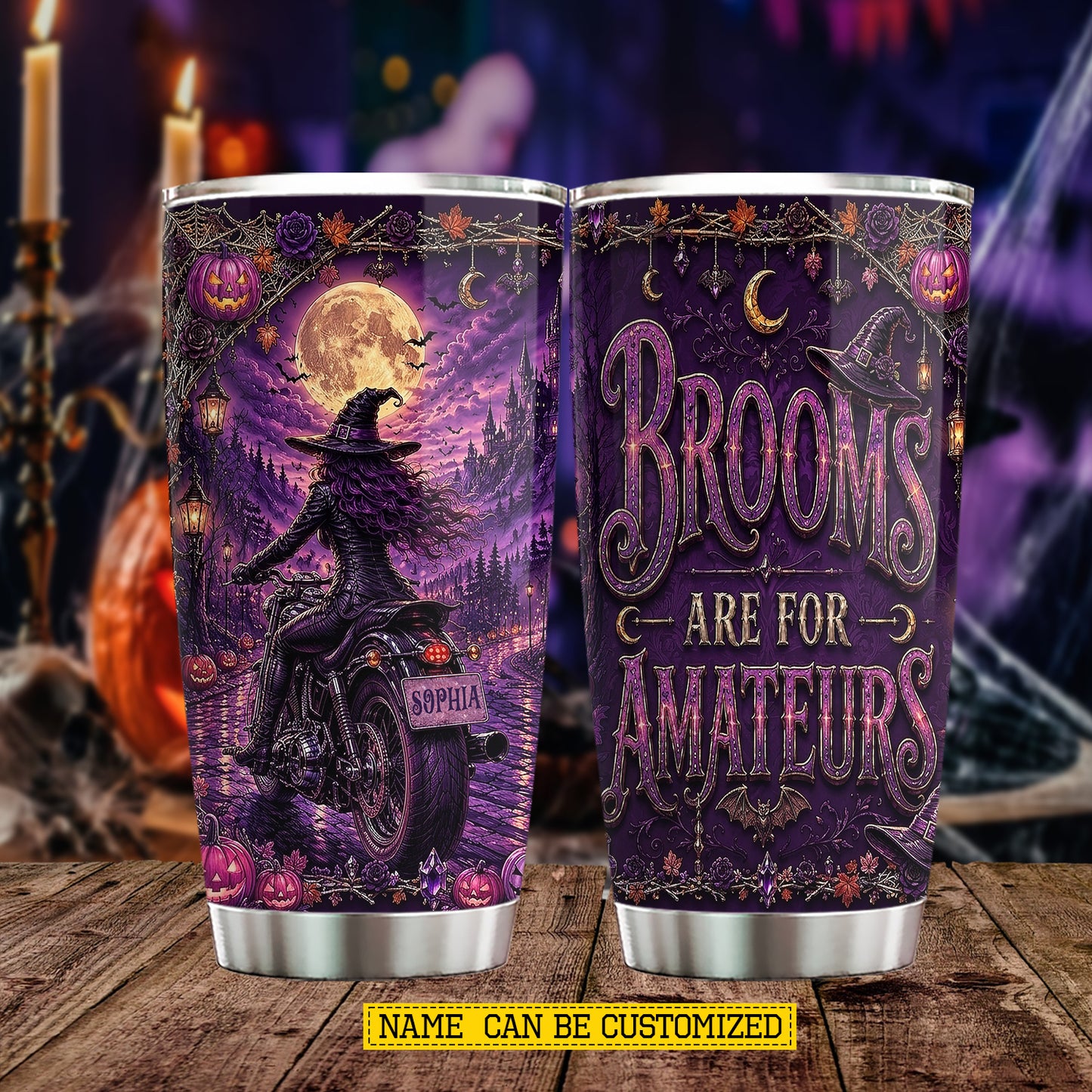 Personalized Halloween Witch Motorcycle Tumbler, Brooms Are For Amateurs, Spooky Season Stainless Steel Tumbler, Travel Mug Tumblers Gift For Bikers