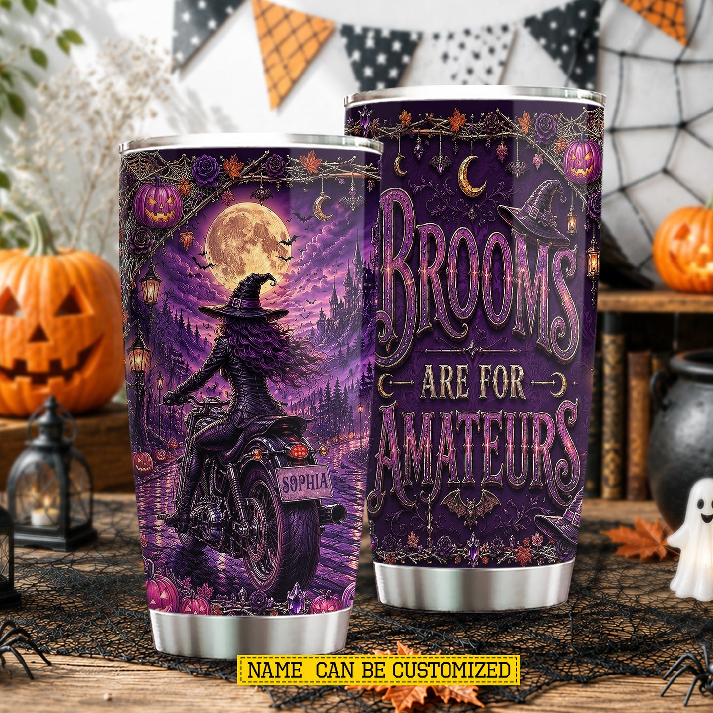 Personalized Halloween Witch Motorcycle Tumbler, Brooms Are For Amateurs, Spooky Season Stainless Steel Tumbler, Travel Mug Tumblers Gift For Bikers