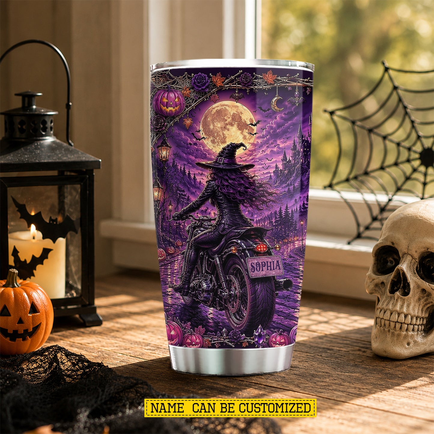 Personalized Halloween Witch Motorcycle Tumbler, Brooms Are For Amateurs, Spooky Season Stainless Steel Tumbler, Travel Mug Tumblers Gift For Bikers
